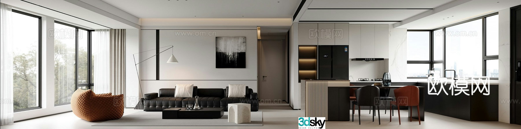 Modern living and dining room 3d model