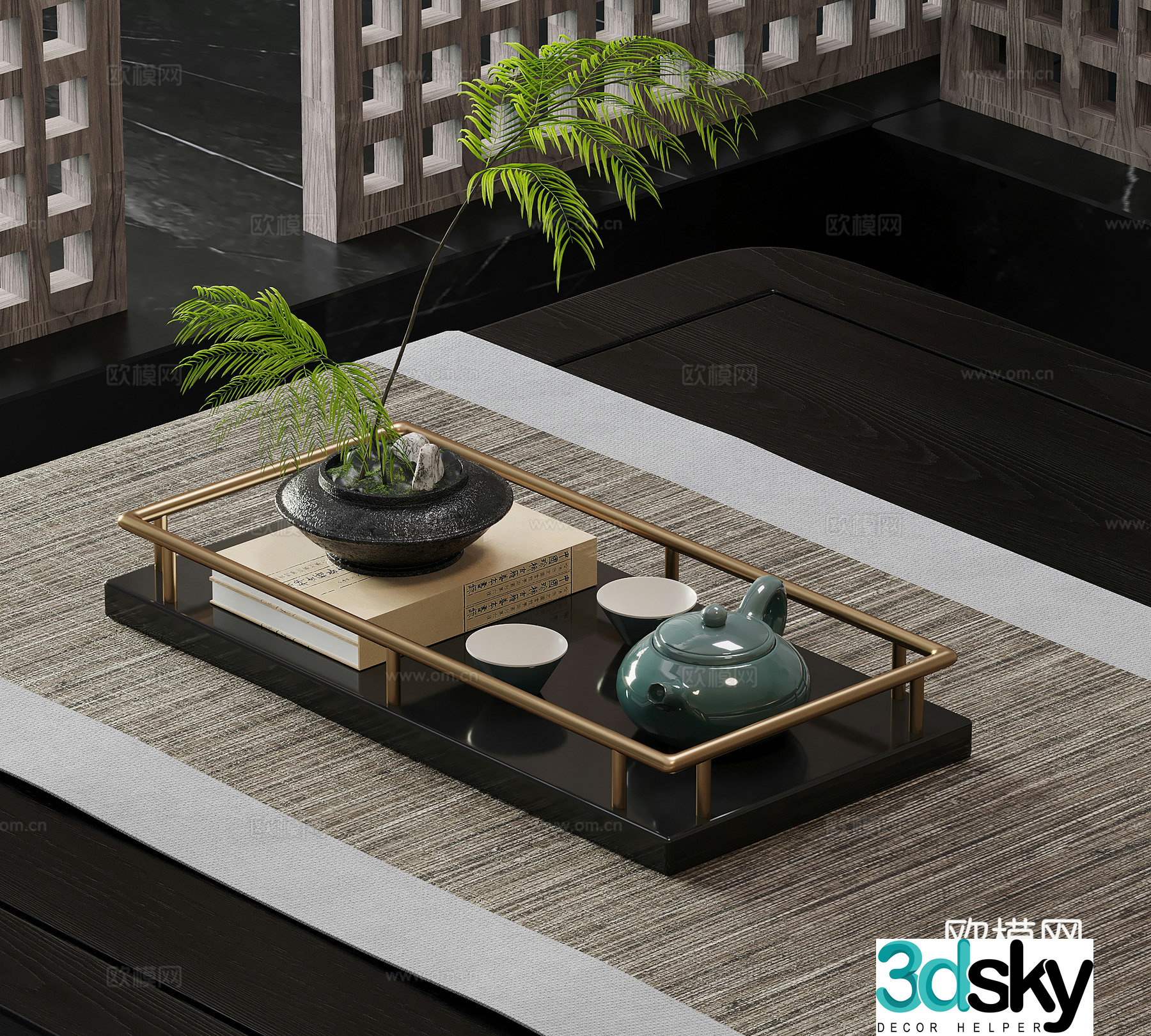 Tea set New Chinese style tea set Teapot Tea cup Green plant 3D model