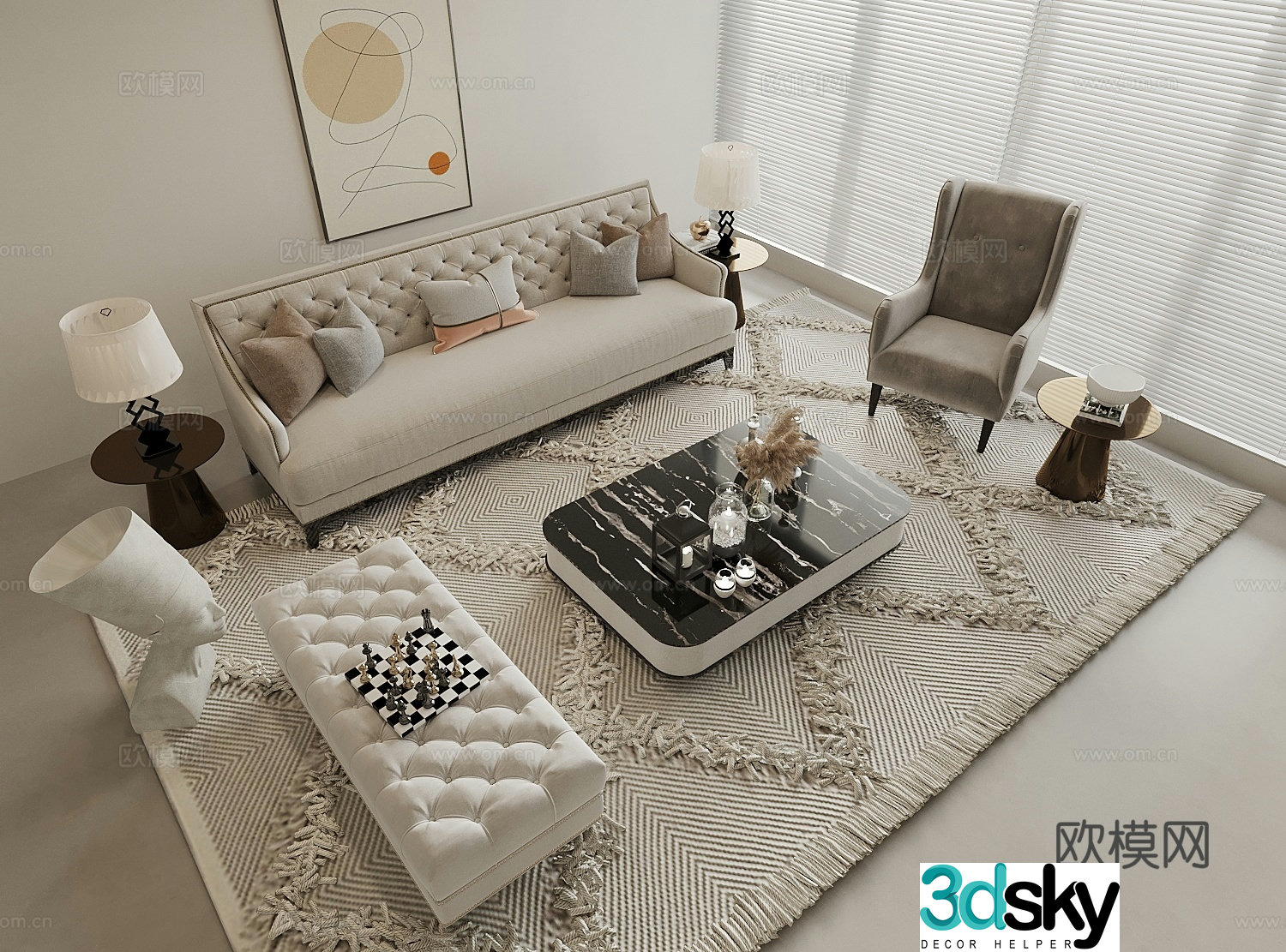 French simple European sofa coffee table combination fabric sofa coffee table leisure chair side table lamp 3D model
