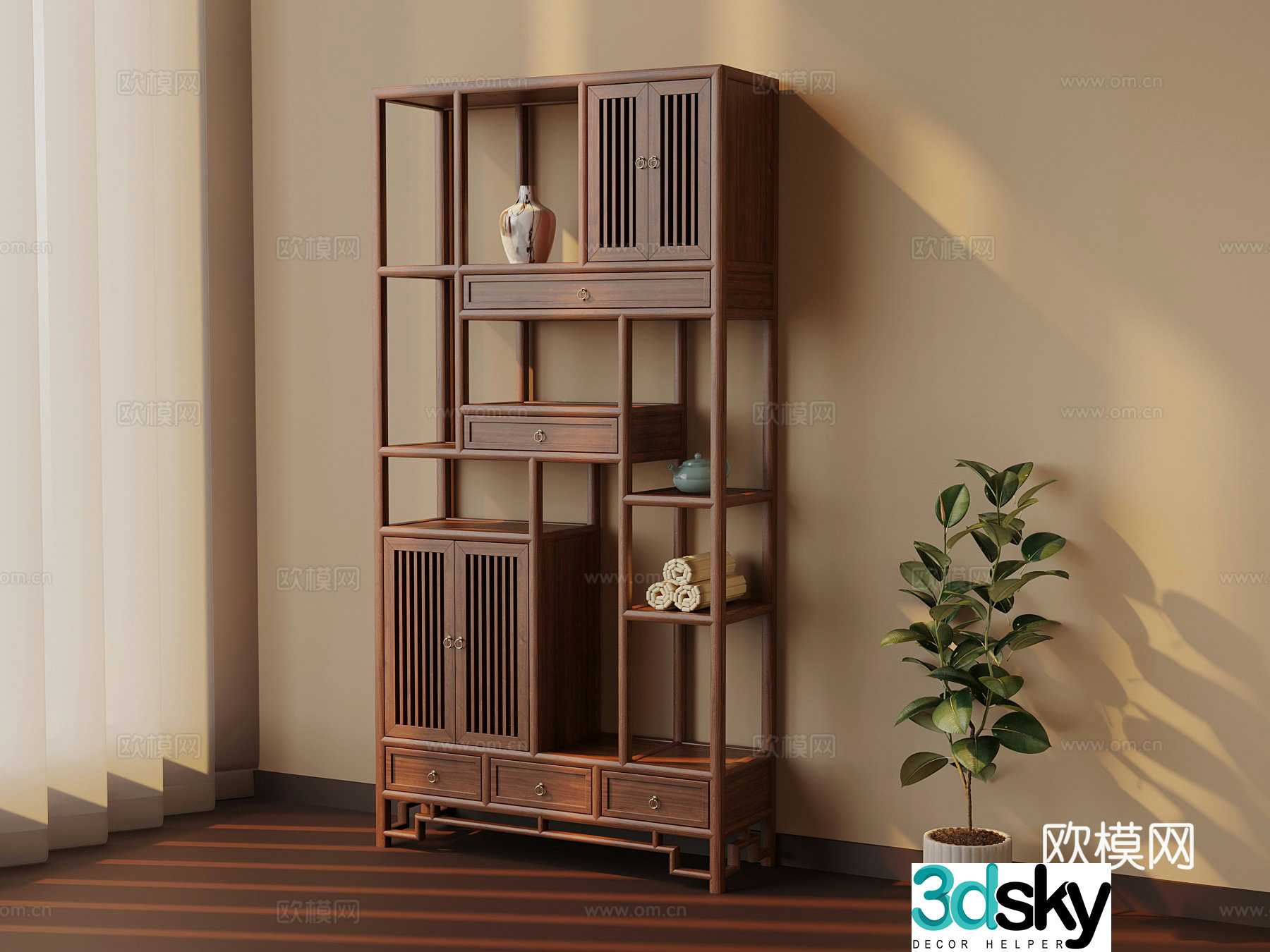 Middle-aged style storage rack Bogu rack Pot plant 3D model