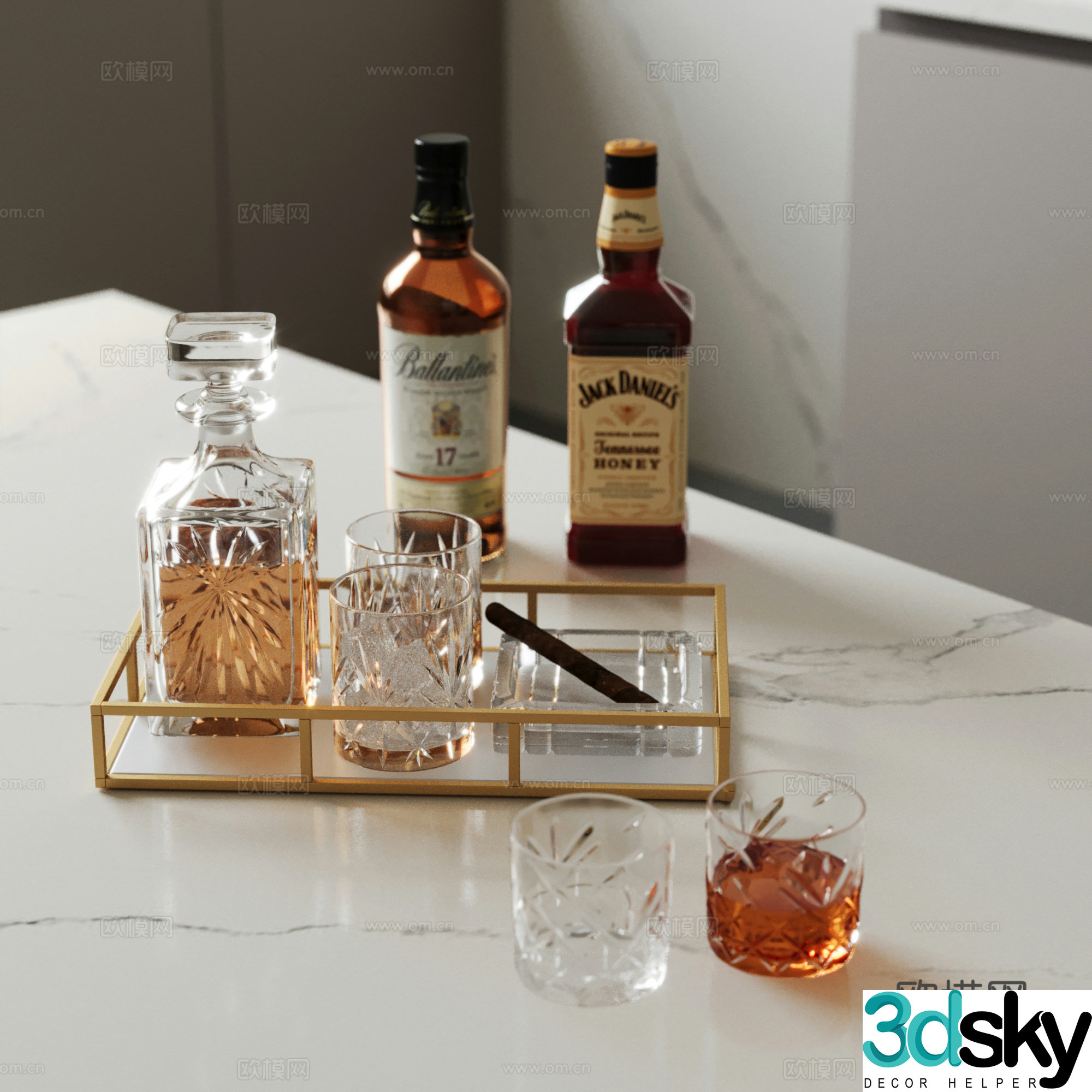 Modern tray water cup glass wine glass 3d model