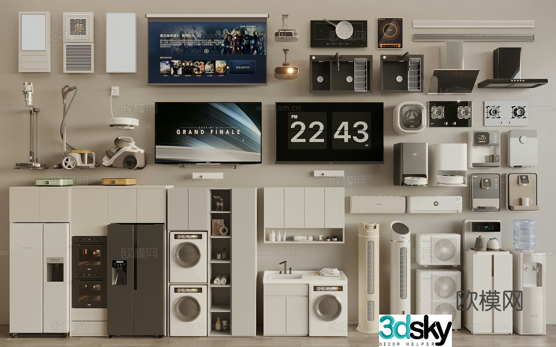 Daily appliance combination Kitchen appliances air conditioner washing machine TV curtain range hood 3d model