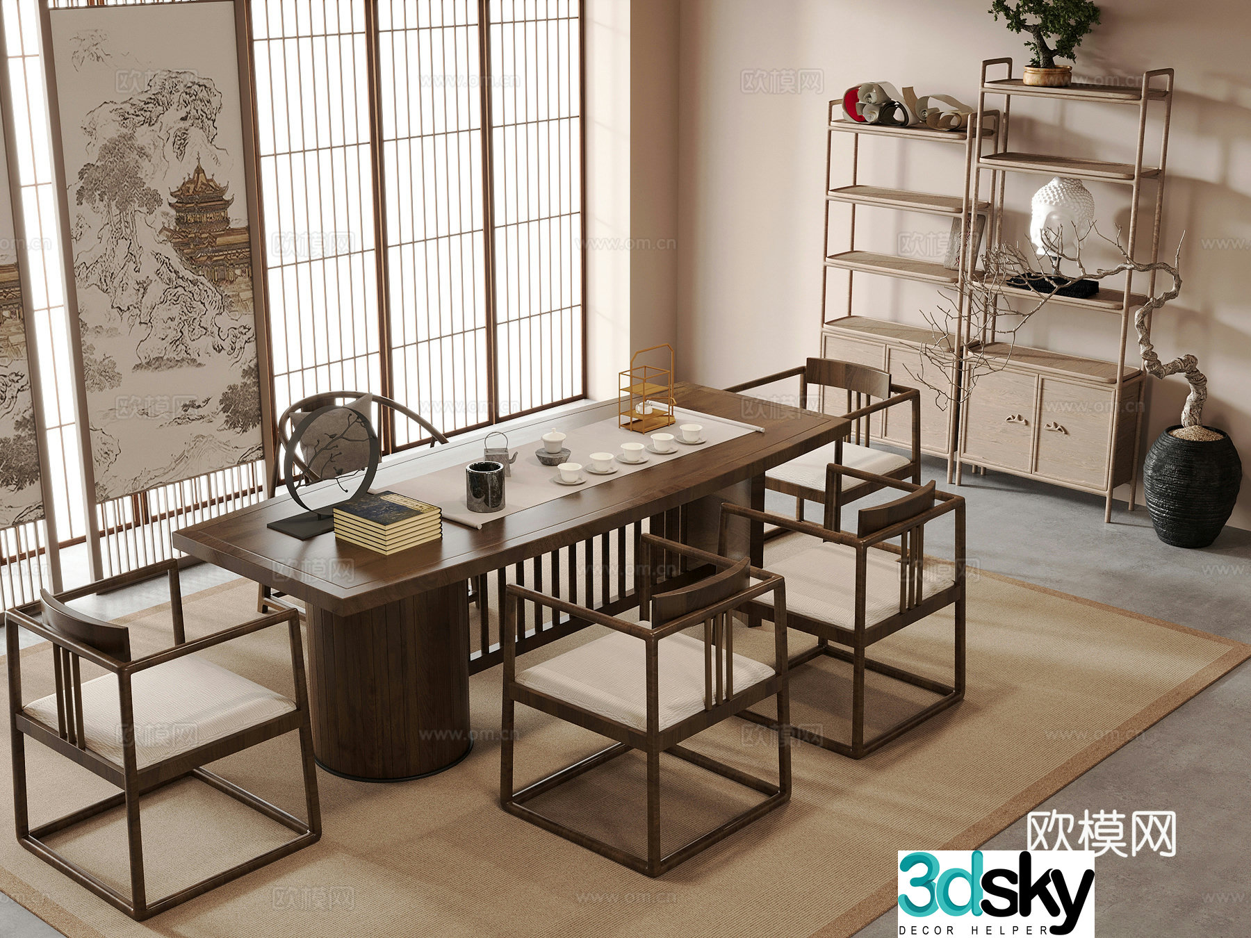 New Chinese Zen Tea Room Tea Table and Chair Combination Tea Cabinet Screen 3D Model