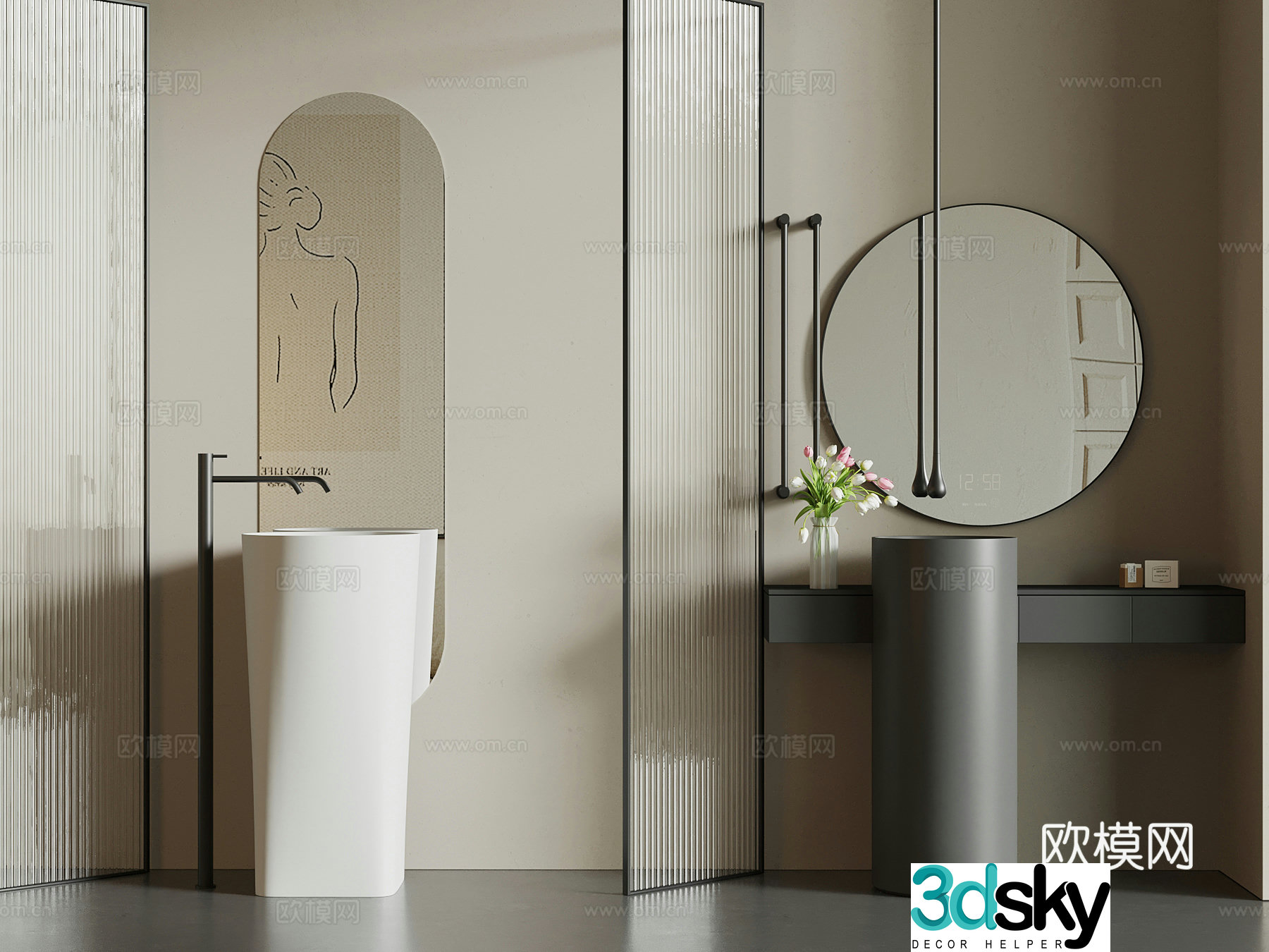 Modern wash basin column basin mirror 3d model