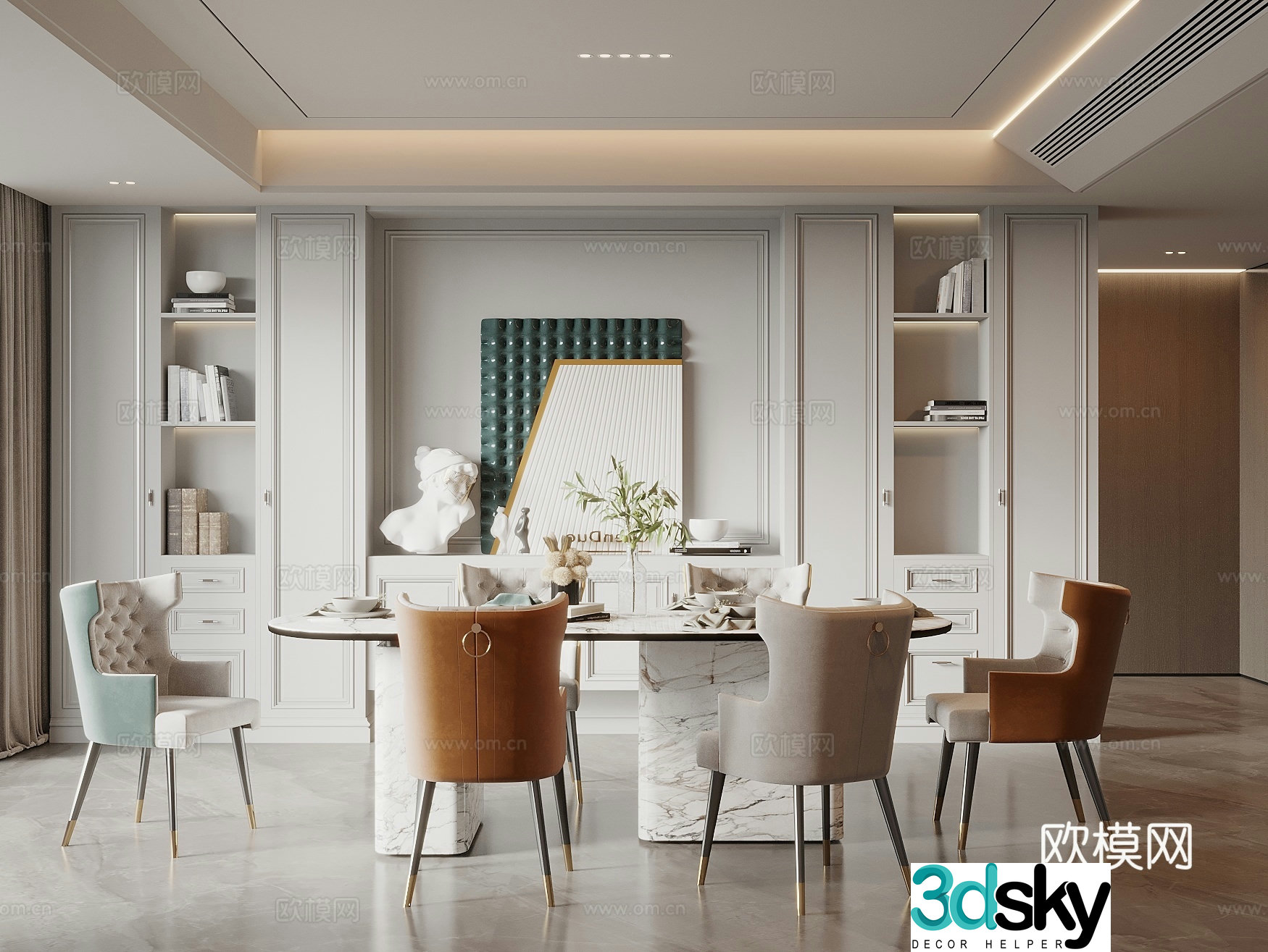 French simple European restaurant round table and chair combination wine cabinet sideboard restaurant without lamps hanging painting 3D model