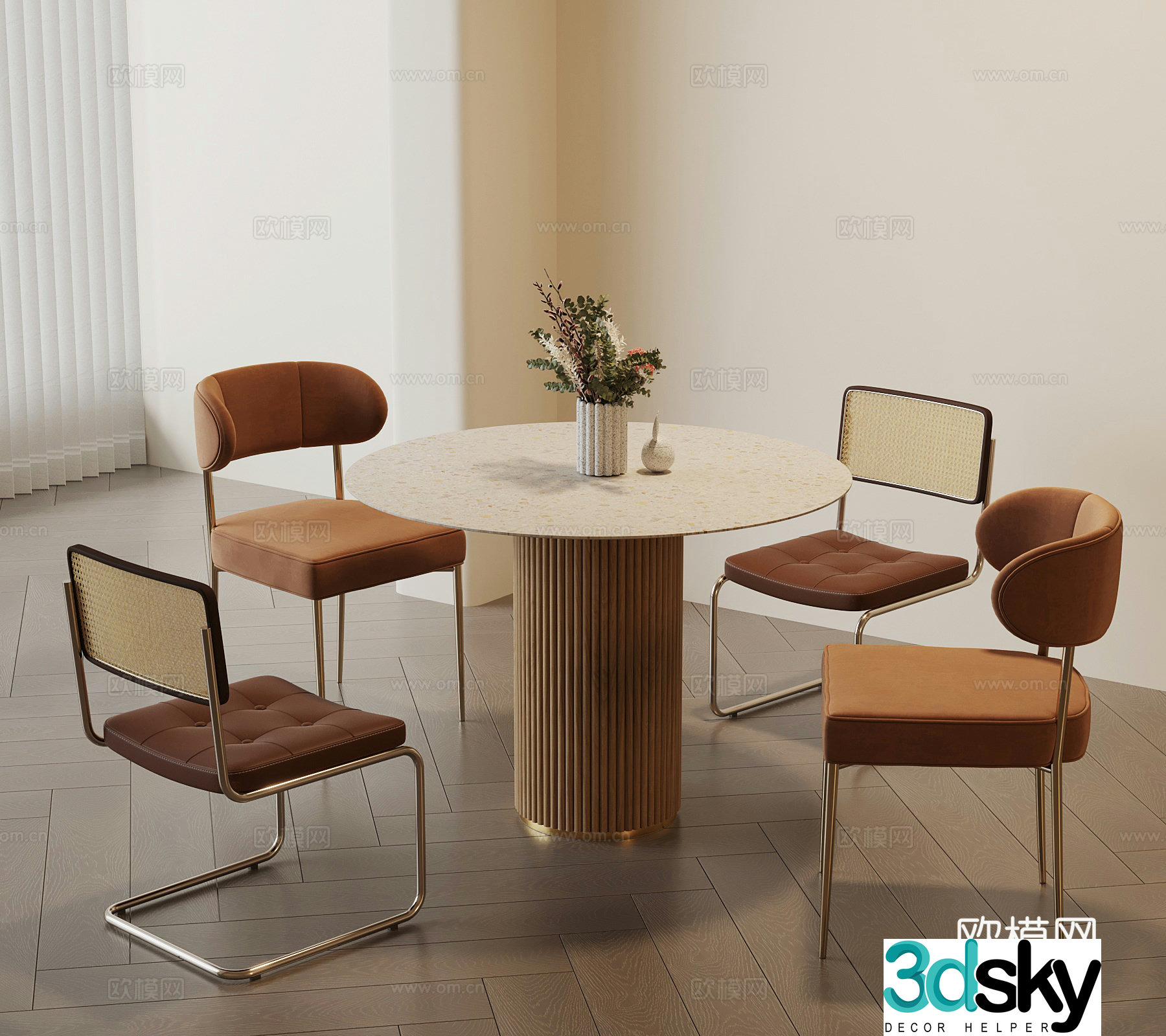 Modern cream style dining table and chair 3d model