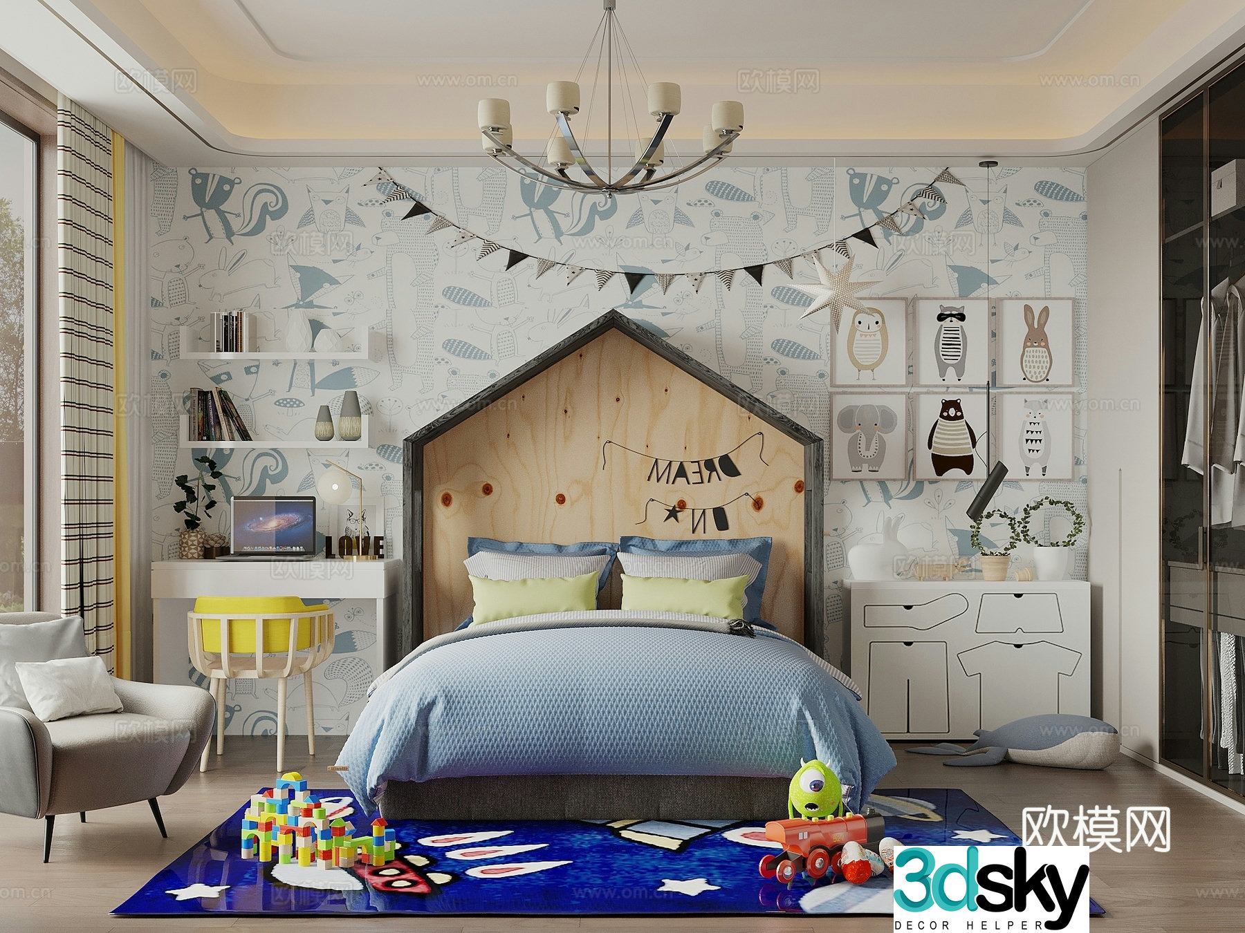 Modern simple children’s room boy’s room blue children’s room children’s bed bedside background wall 3D model