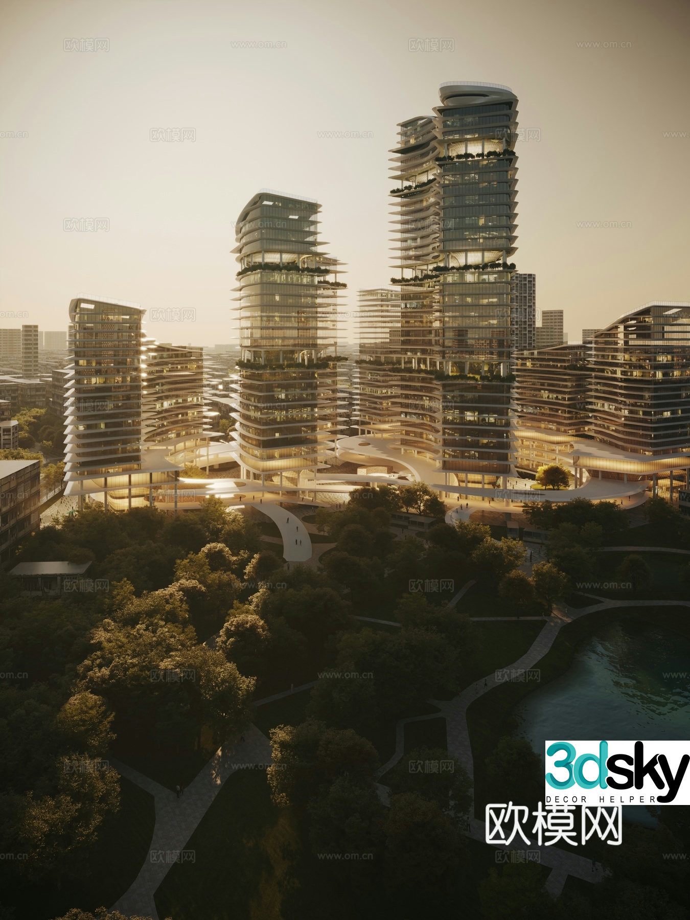 3D model of high-rise glass curtain wall building office building