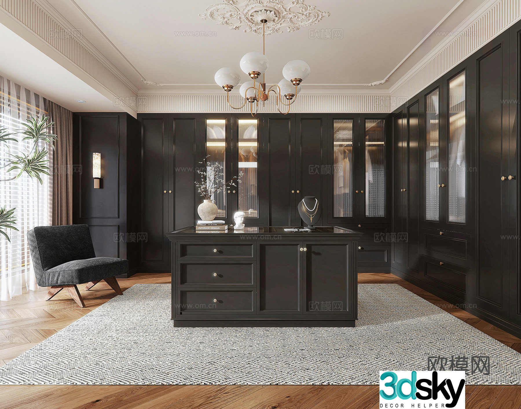French cloakroom Zhongdao Jewelry Cabinet Clothing Bag Leisure Chair French Chandelier 3D Model