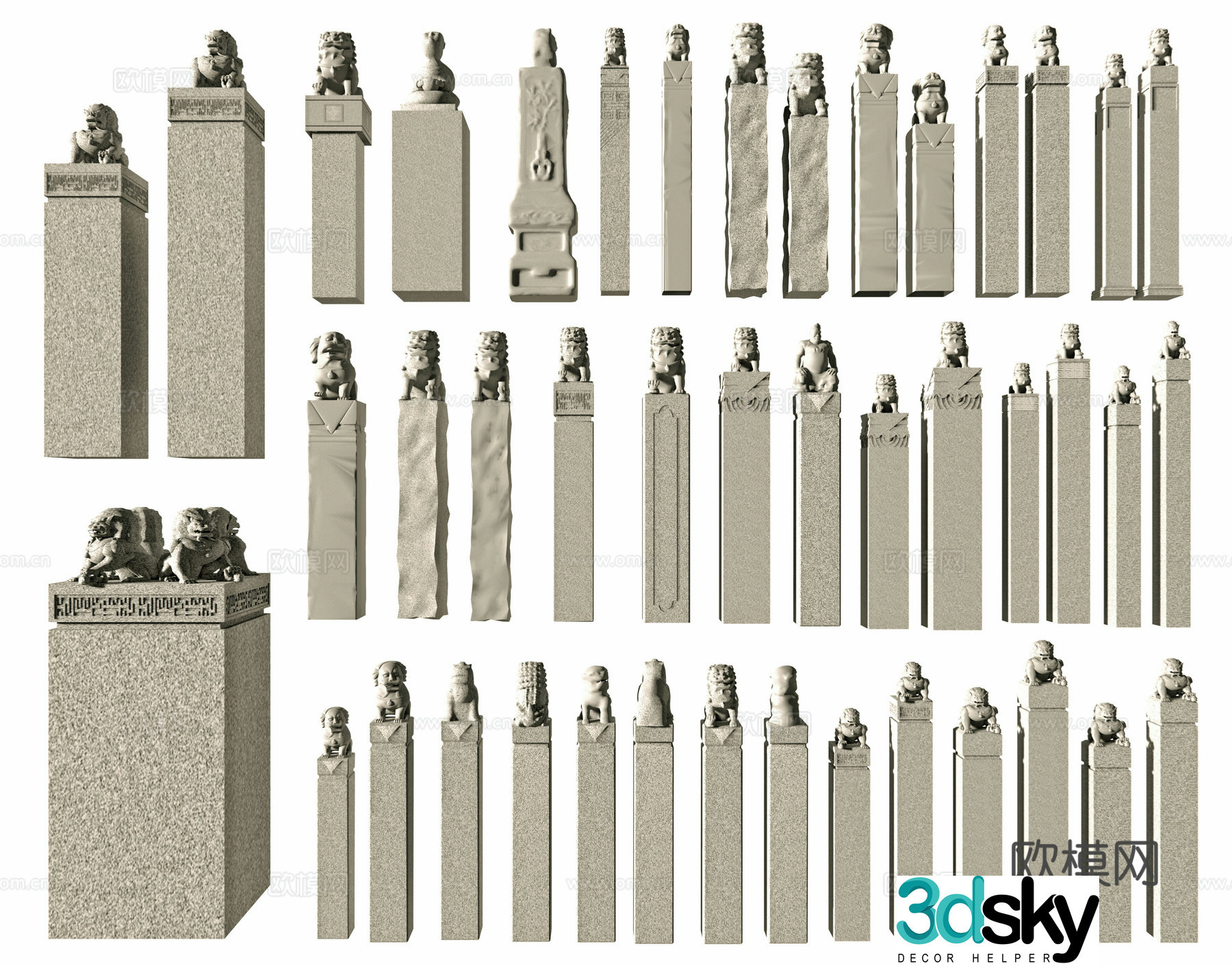 Chinese style horse tying pile horse tying pillar stone carving pillar stone pillar stone lion sculpture sketch auspicious beast Pixiu 3D model