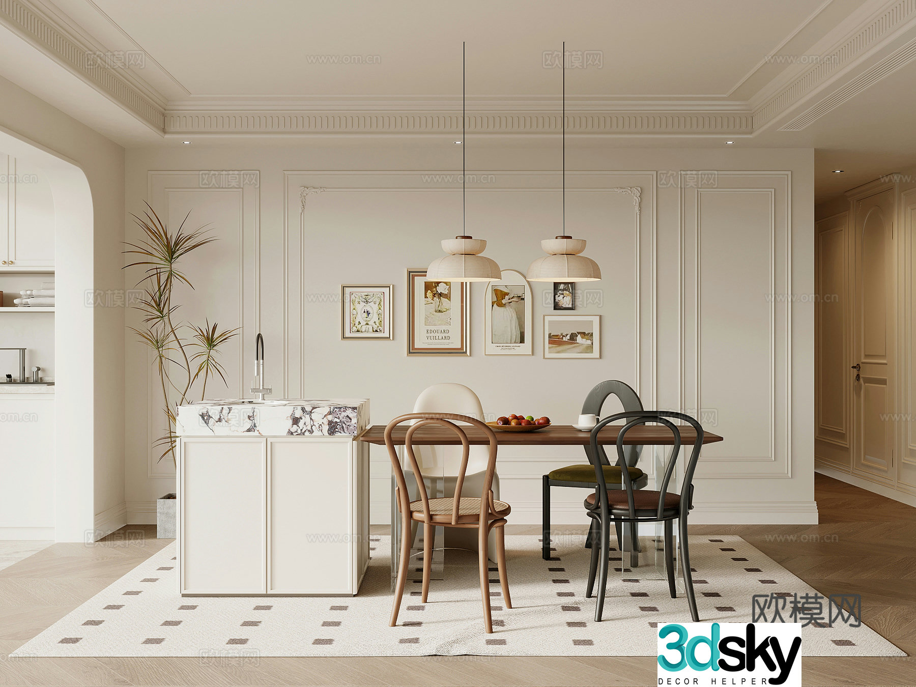 Home restaurant French cream restaurant Dining table and chair combination 3D model