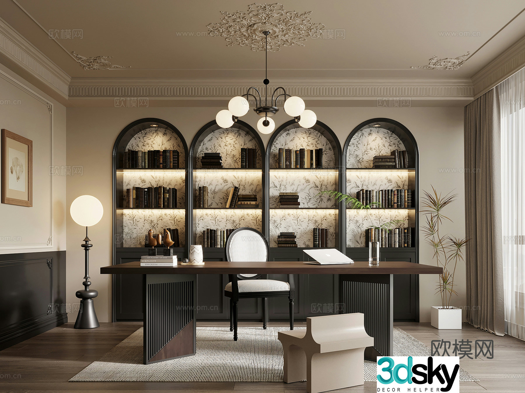 Study room French retro style study bookcase desk chair office desk 3d model
