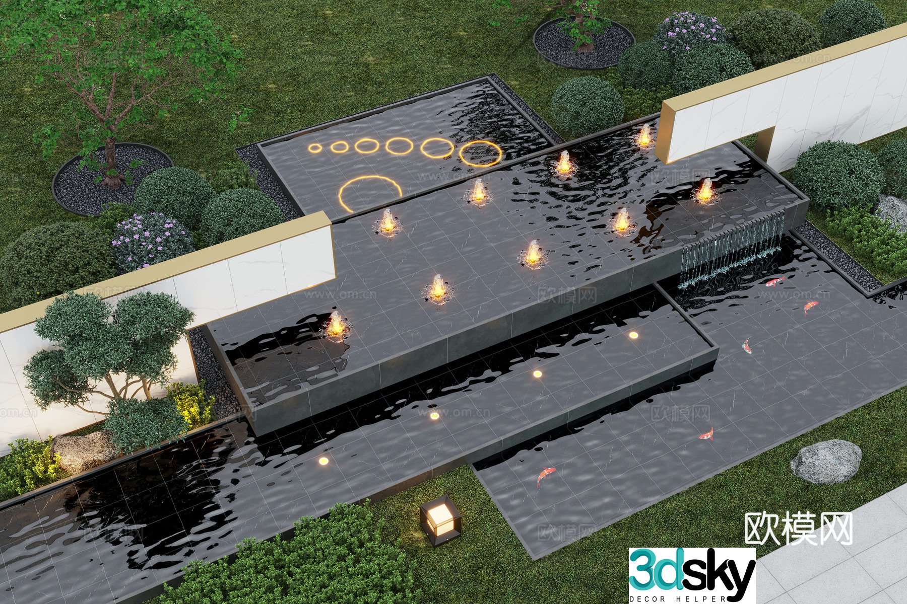Modern courtyard water view wall stacked water pool pine tree landscape wall 3d model
