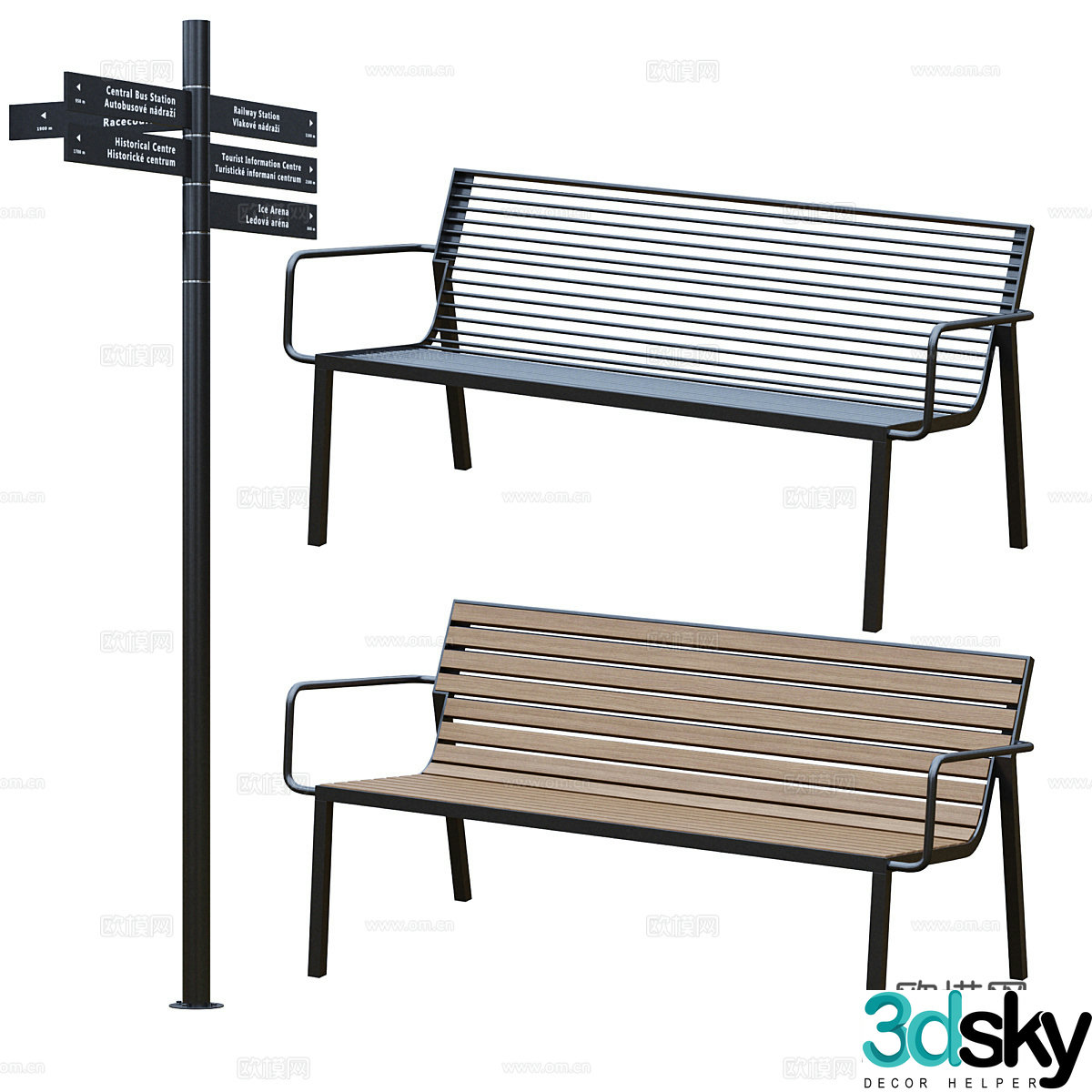 Park bench trash can and direction sign 3d model