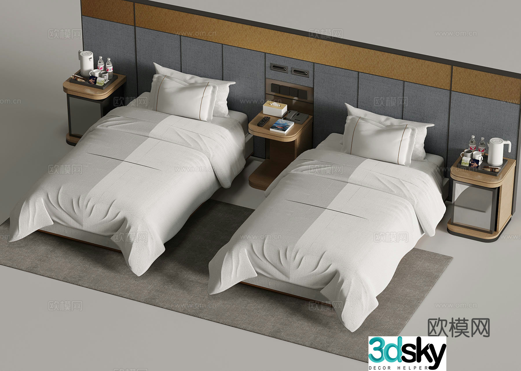 Bed Modern Single Bed Hotel Solid Wood Single Bed Solid Wood Bedside Table 3D Model