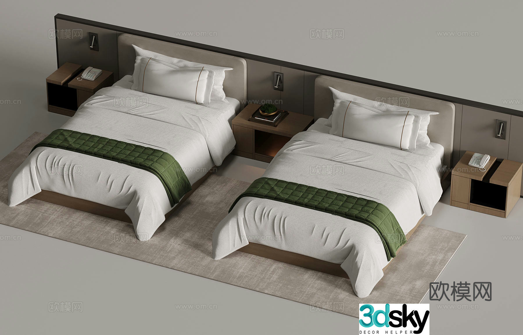 Bed Modern Single Bed Hotel Solid Wood Single Bed Solid Wood Bedside Table 3D Model