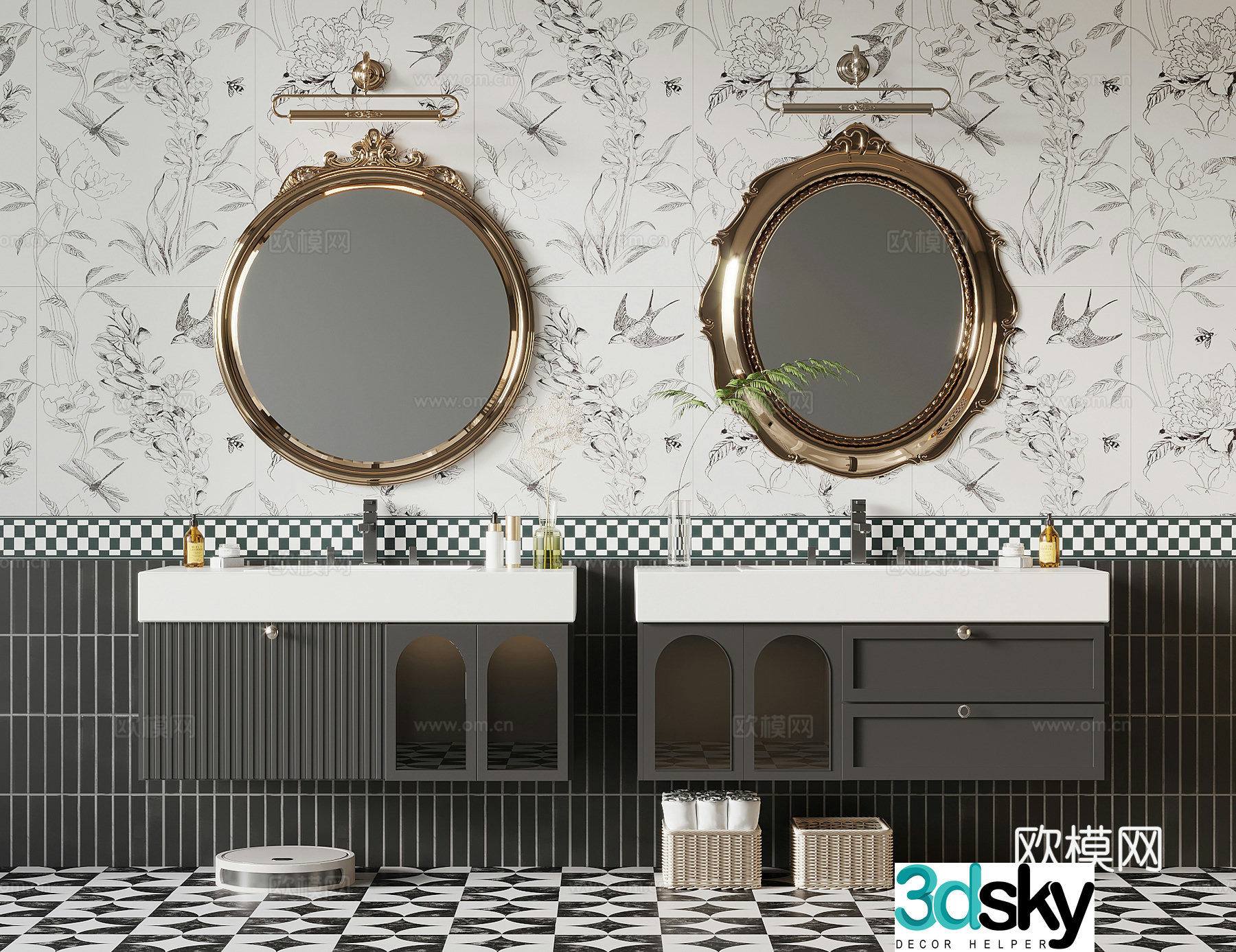 Bathroom cabinet French retro style bathroom cabinet bathroom sink mirror 3d model