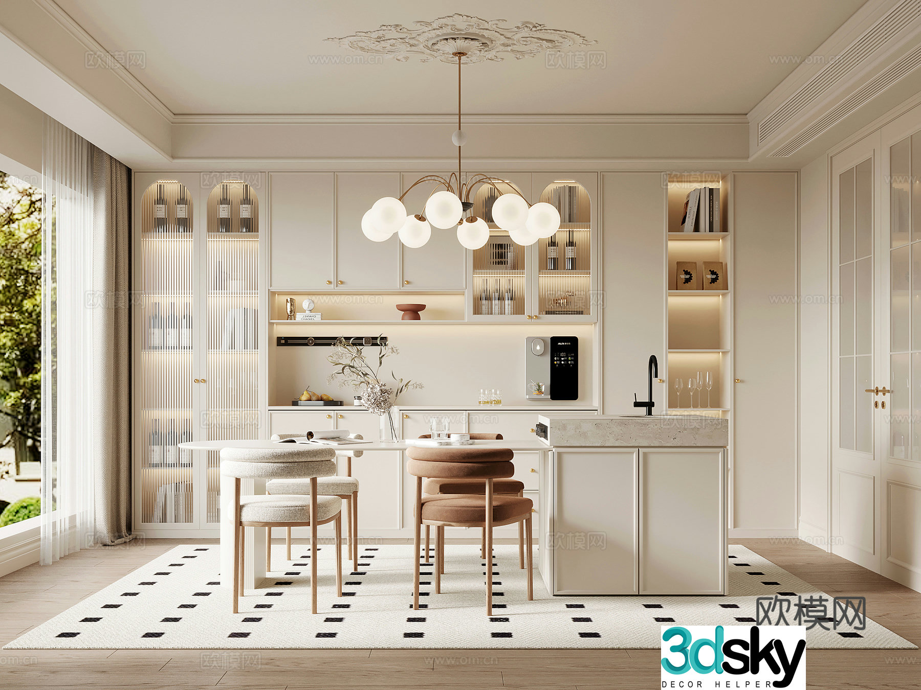 Restaurant French Cream Restaurant Wine Cabinet Side Cabinet Dining Table Island 3D Model