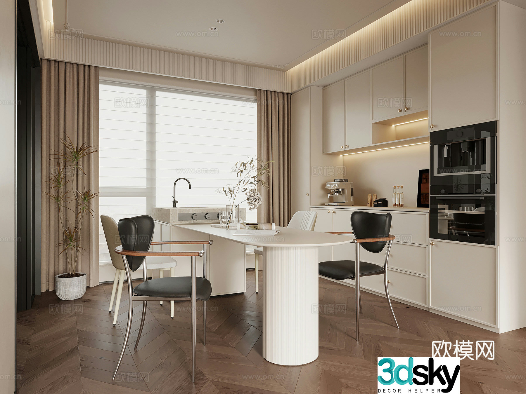 Home restaurant French cream restaurant wine cabinet sideboard dining table island 3D model