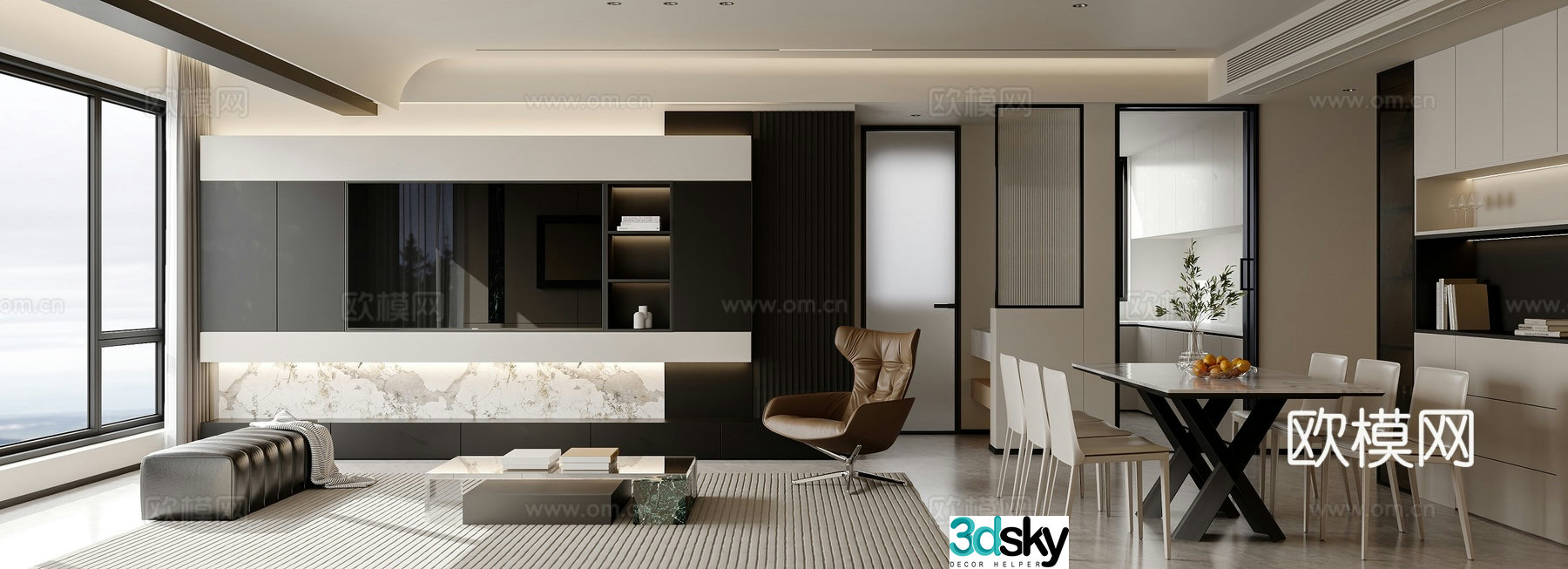 Modern living and dining room 3d model