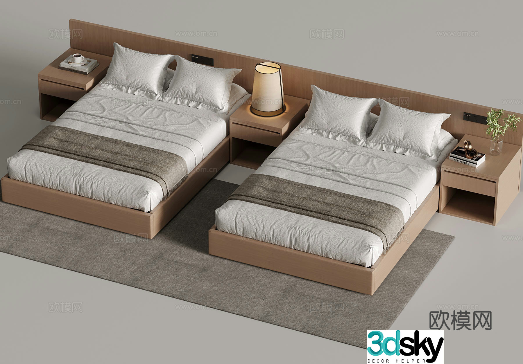 Bed Modern Single Bed Hotel Solid Wood Single Bed Solid Wood Bedside Table 3D Model