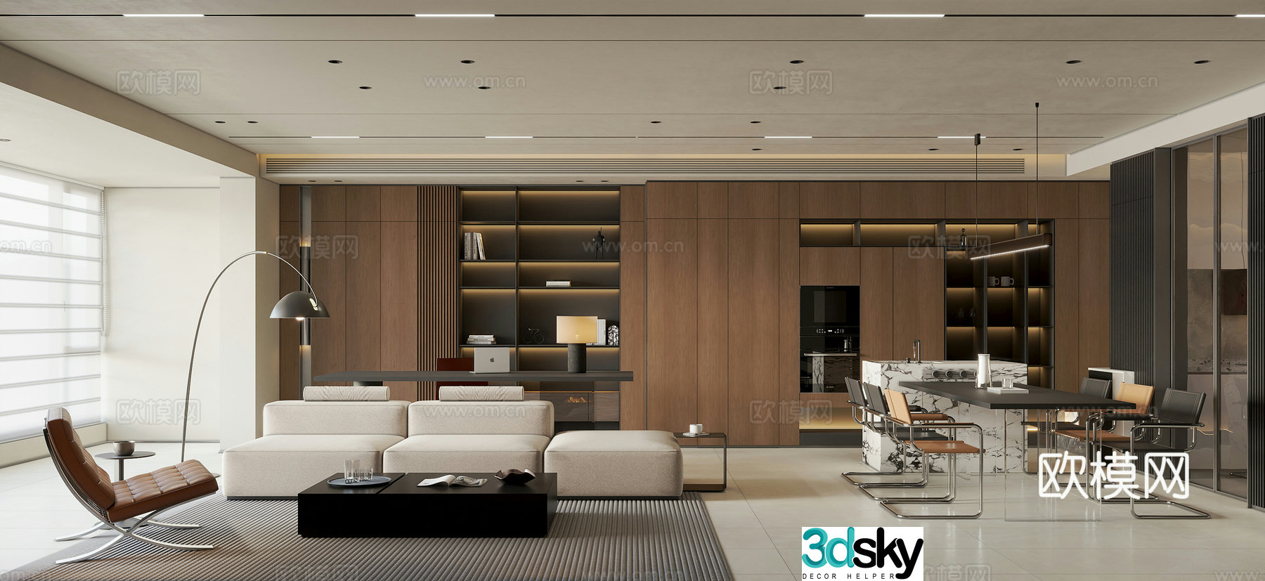 Italian minimalist living and dining room 3D model