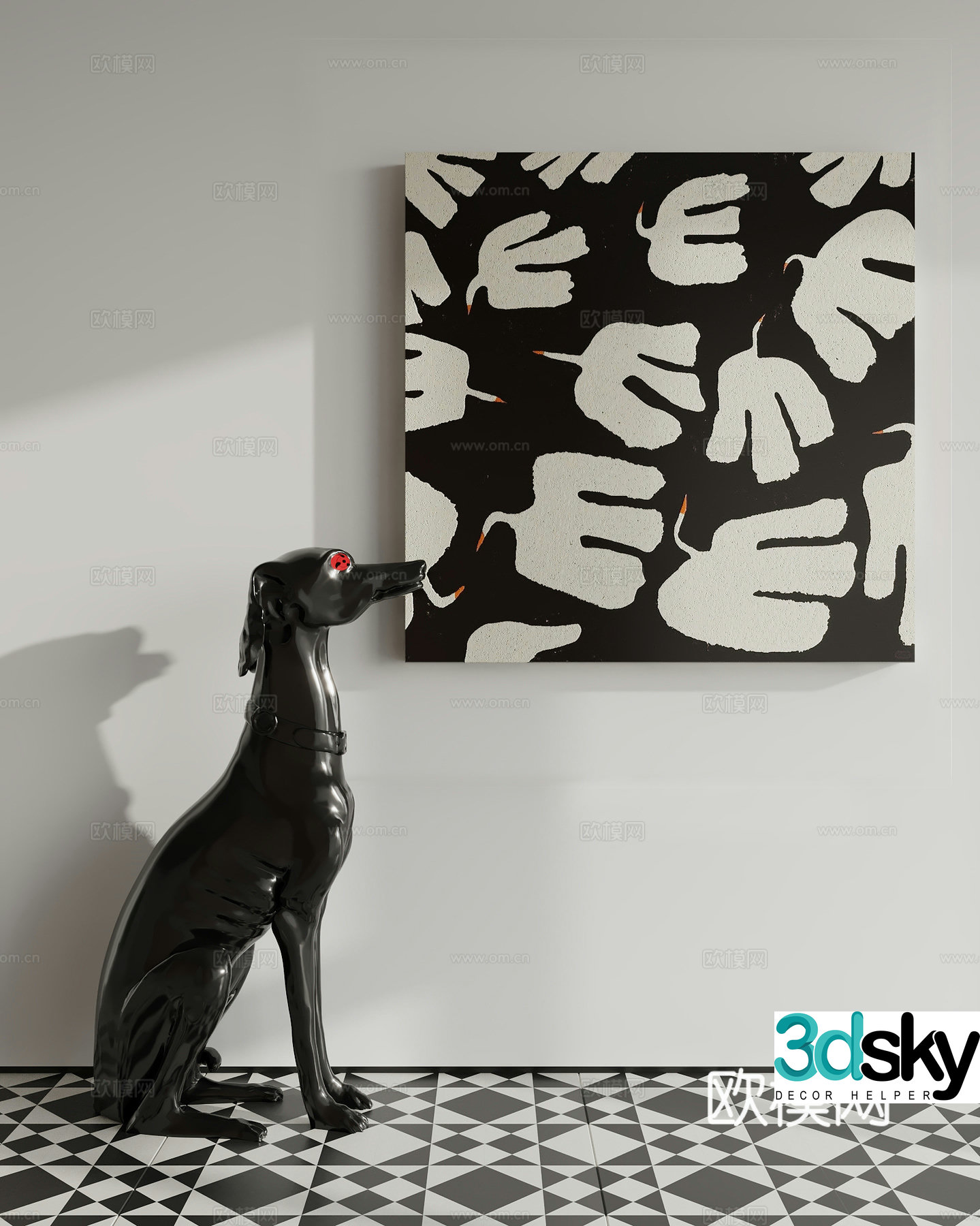 Modern black and white abstract art deco painting 3d model