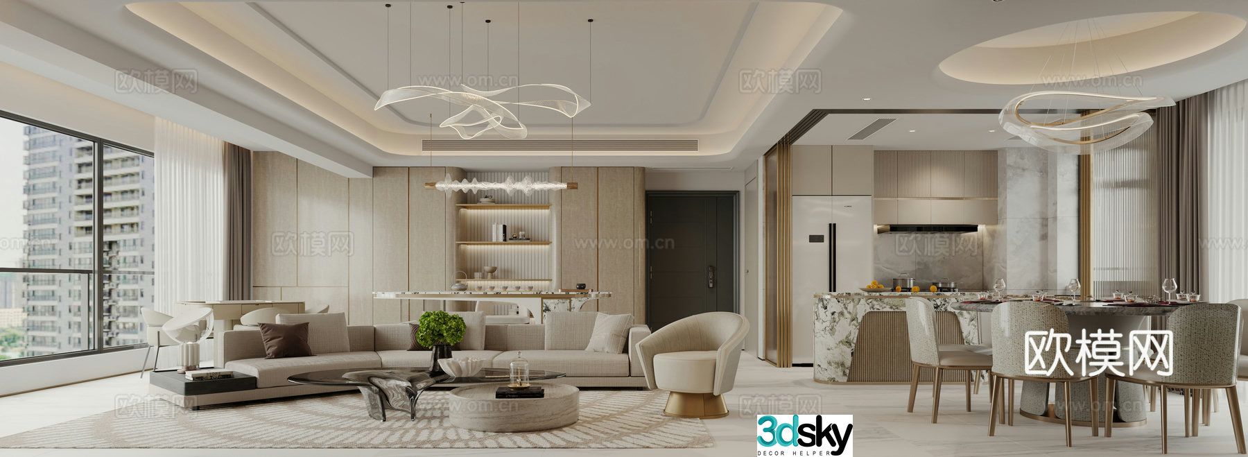 Modern light luxury living and dining room 3D model