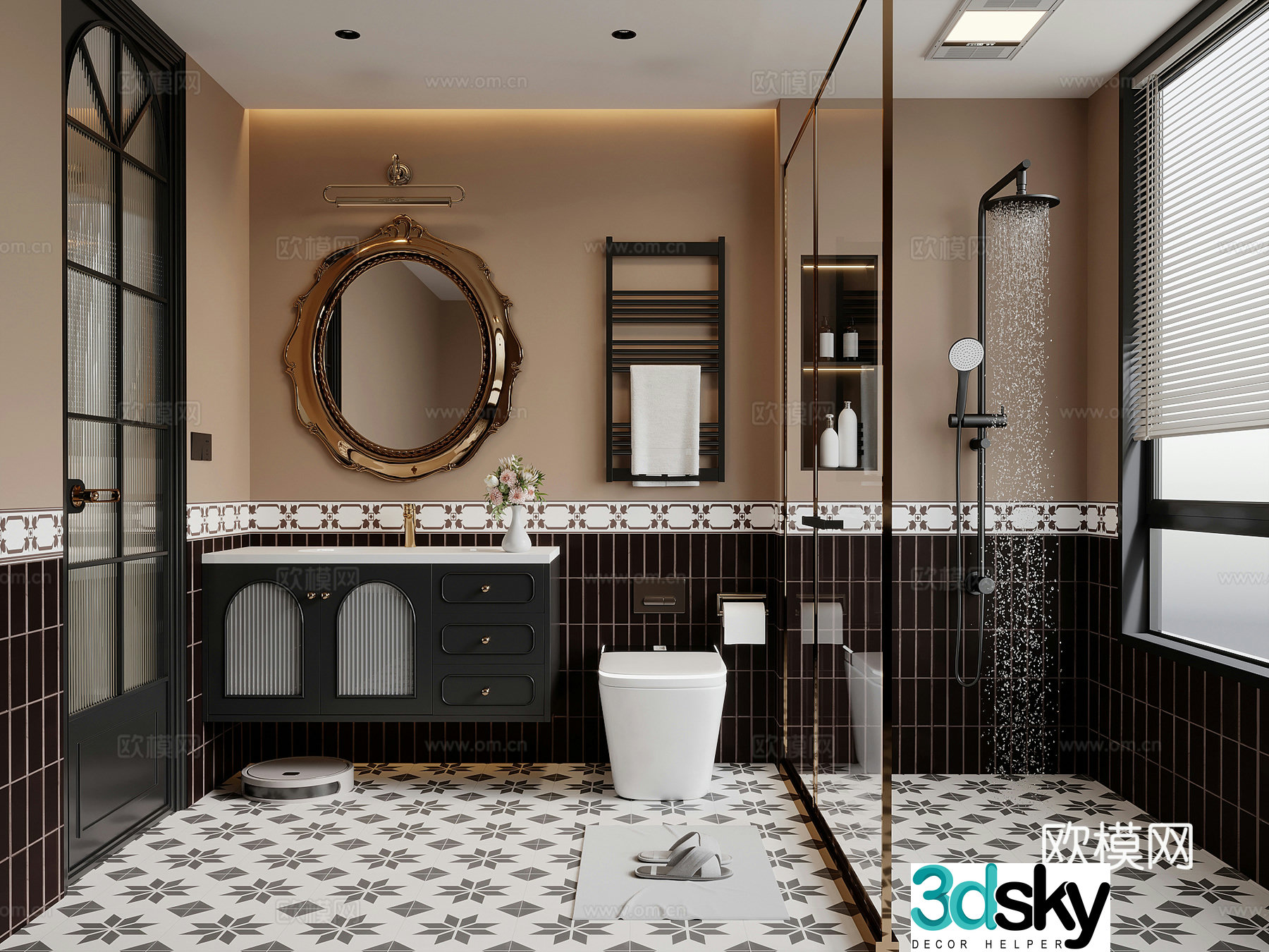 French retro style bathroom bathroom cabinet shower toilet 3d model