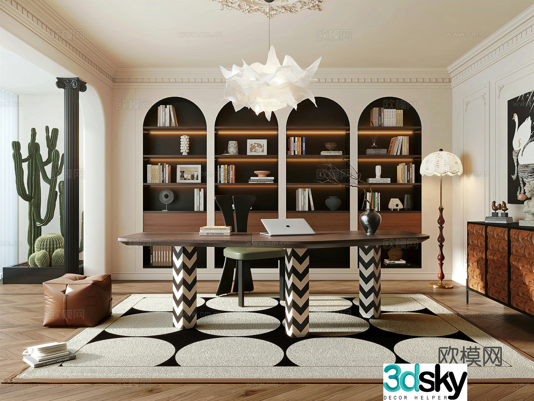 French medieval style study bookcase desk chair study chandelier cactus French fall 3D model
