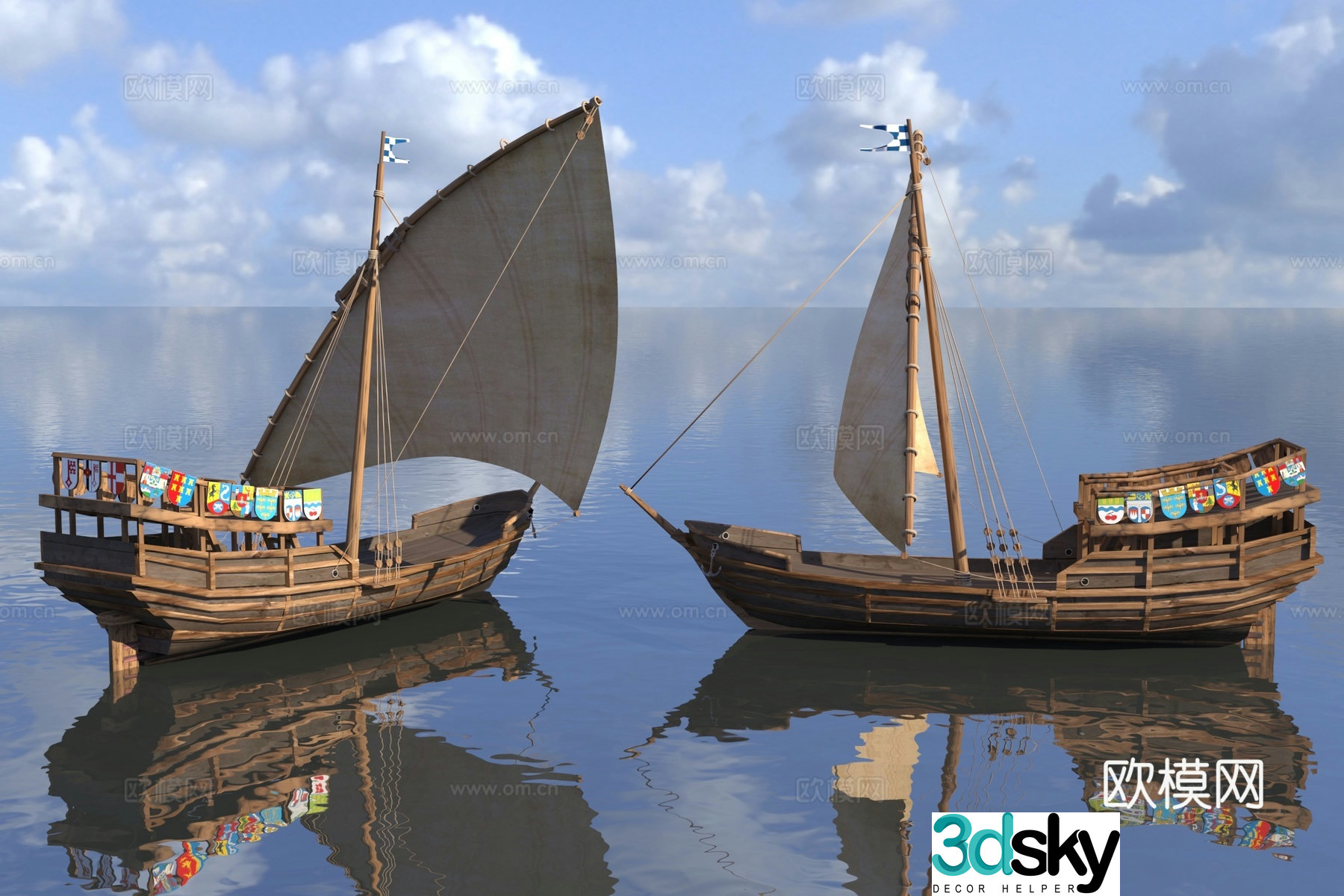 Chinese wooden boat sailing 3d model