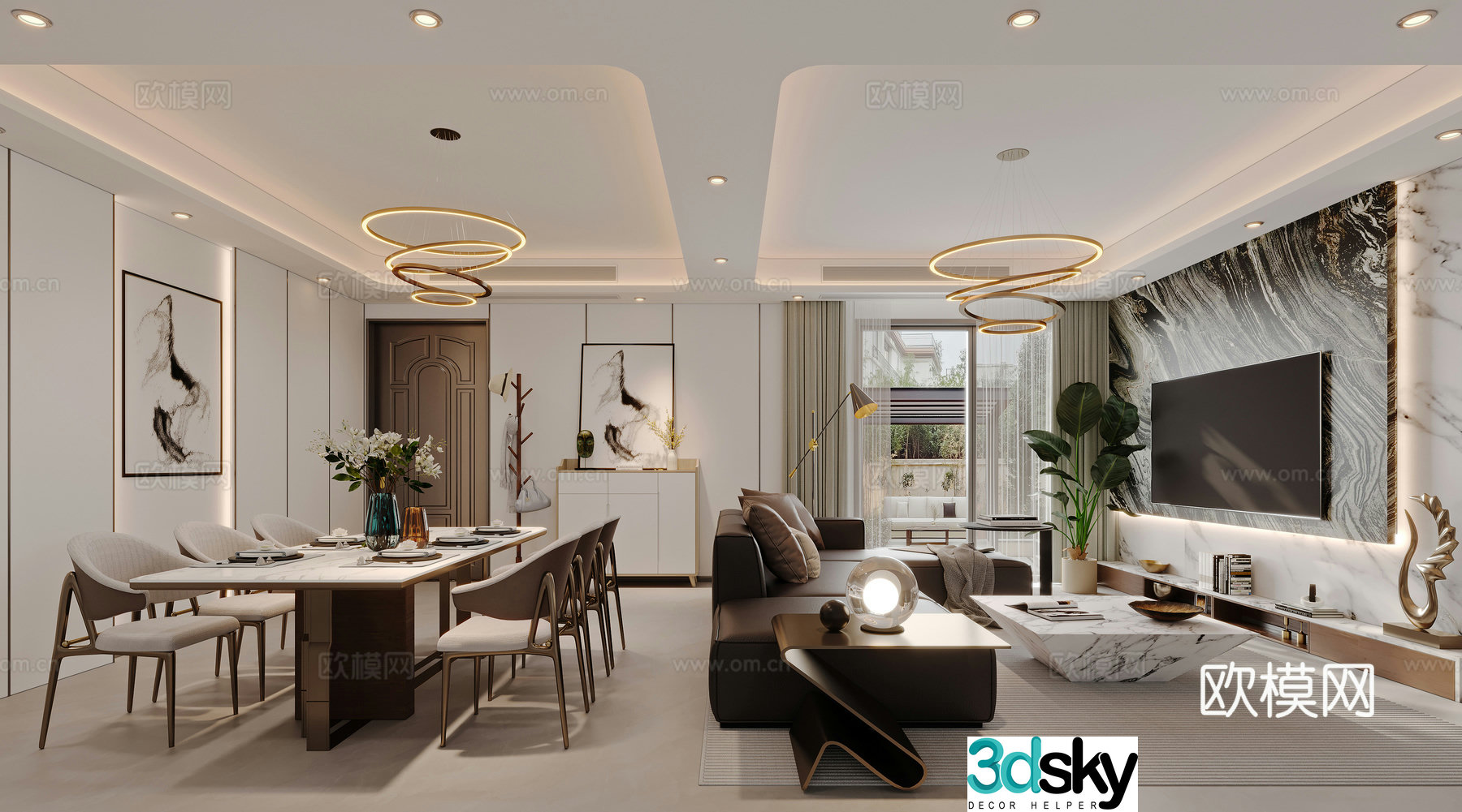 Modern living and dining room 3d model