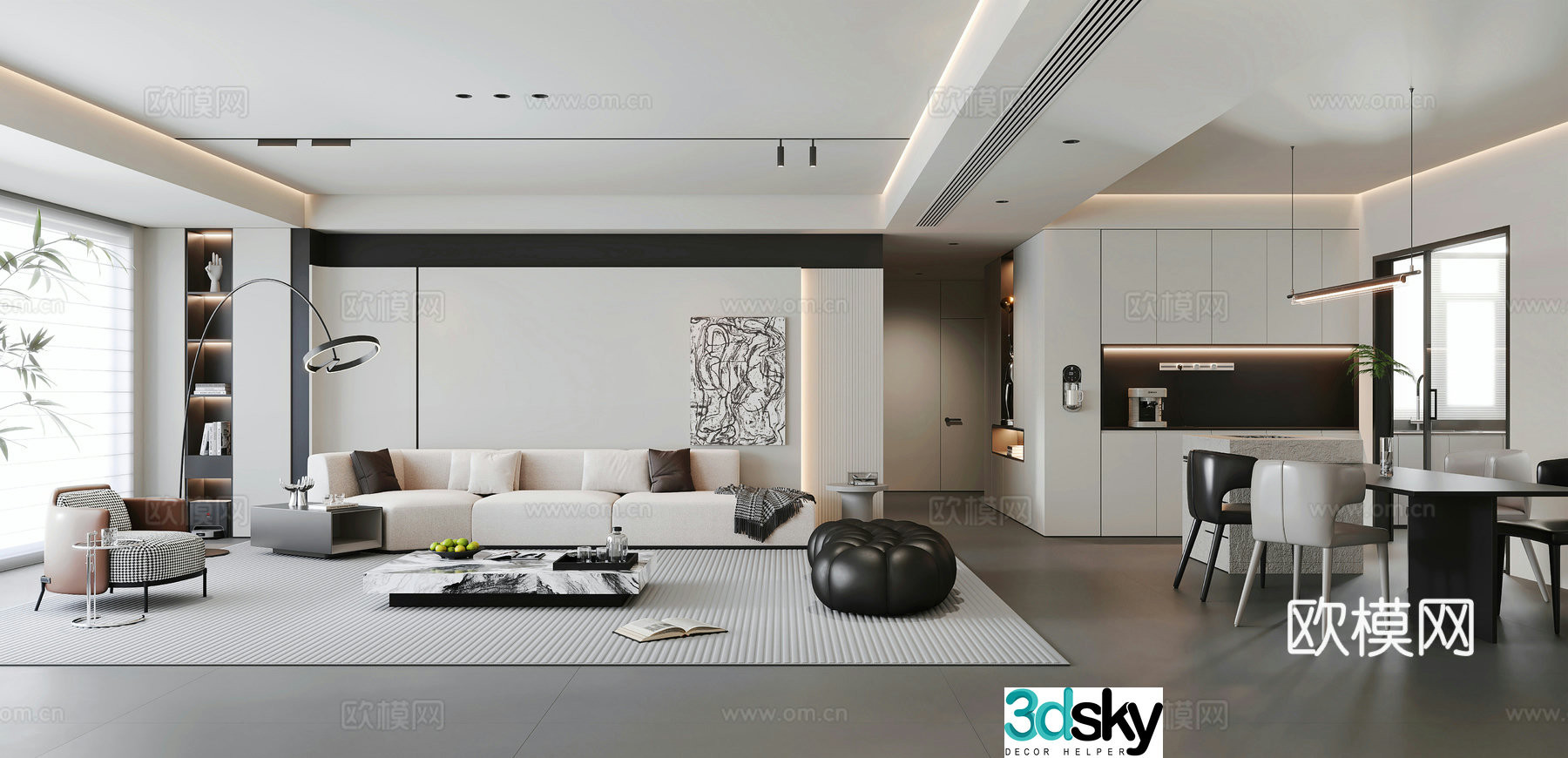 Modern living and dining room combination sofa dining bar sideboard sofa background restaurant chandeliers 3d model