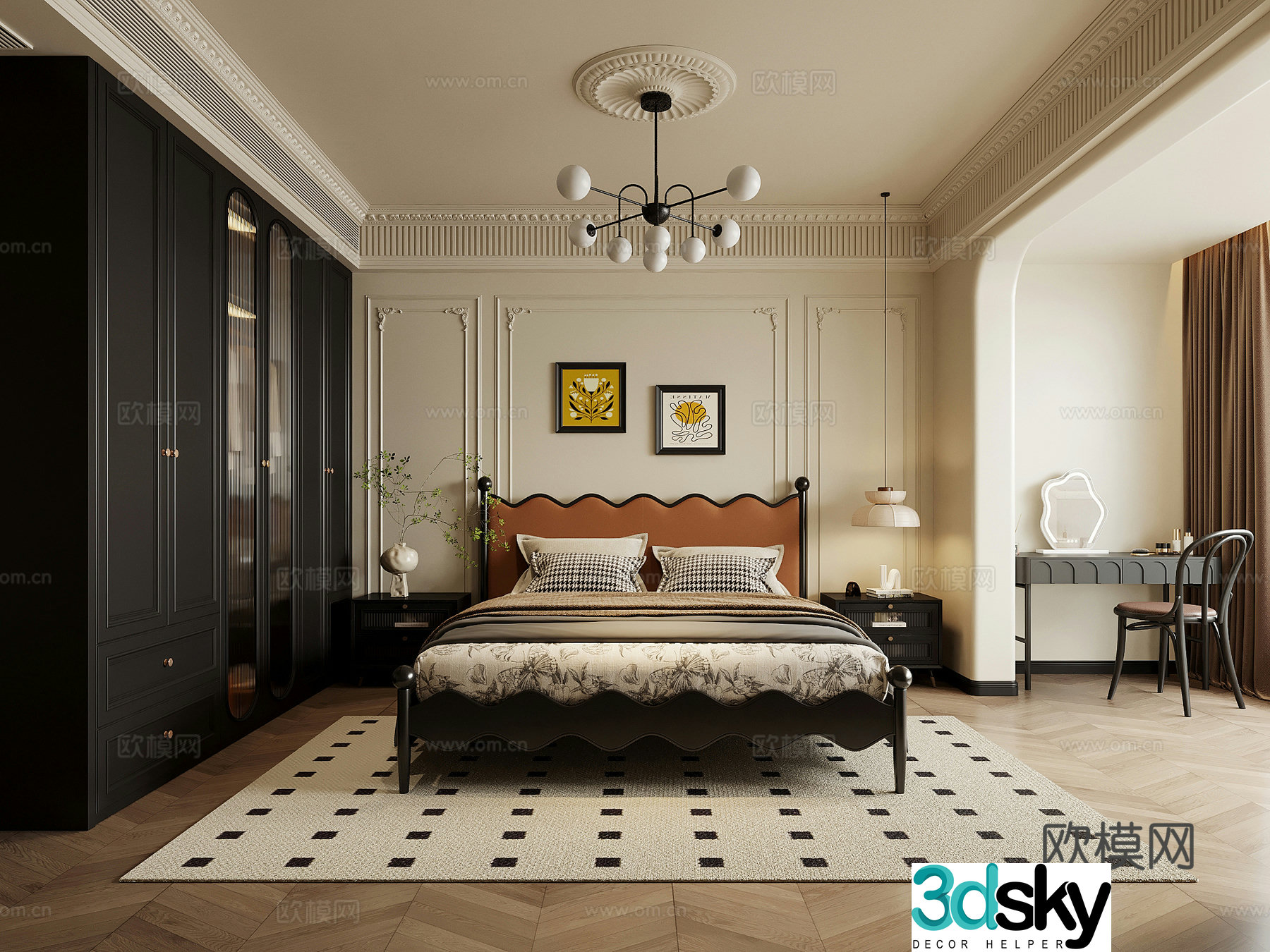 Home bedroom French retro style bedroom Double bed nightstand wardrobe dressing table 3d model