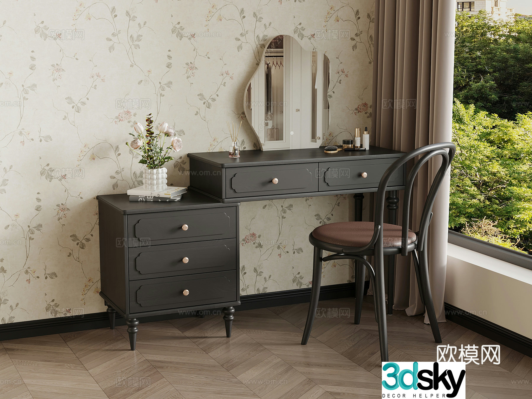 Dressing table French retro style dressing table chair 3d model