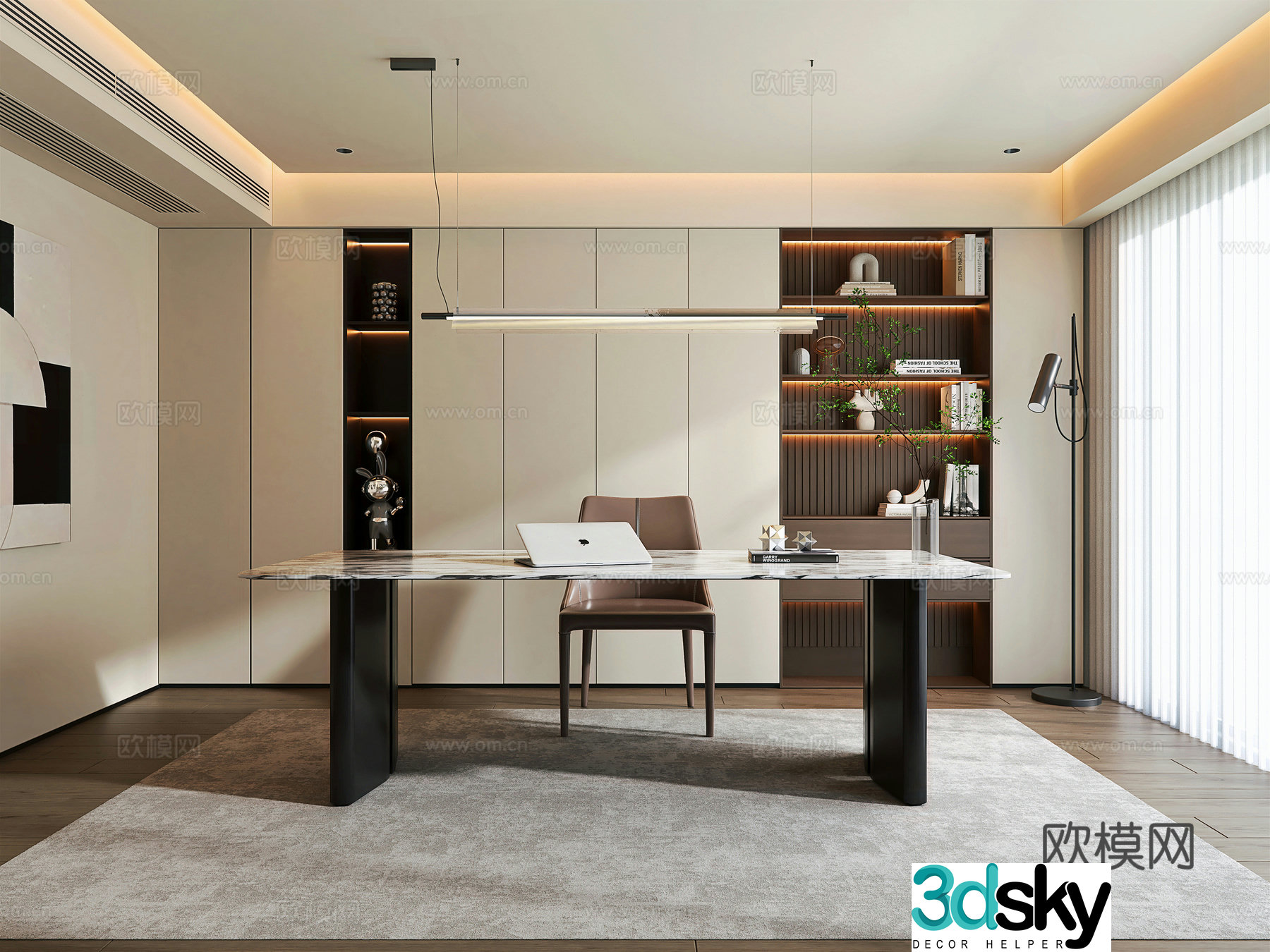 Modern minimalist study desk bookcase book ornament combination chair study chandelier floor 3D model
