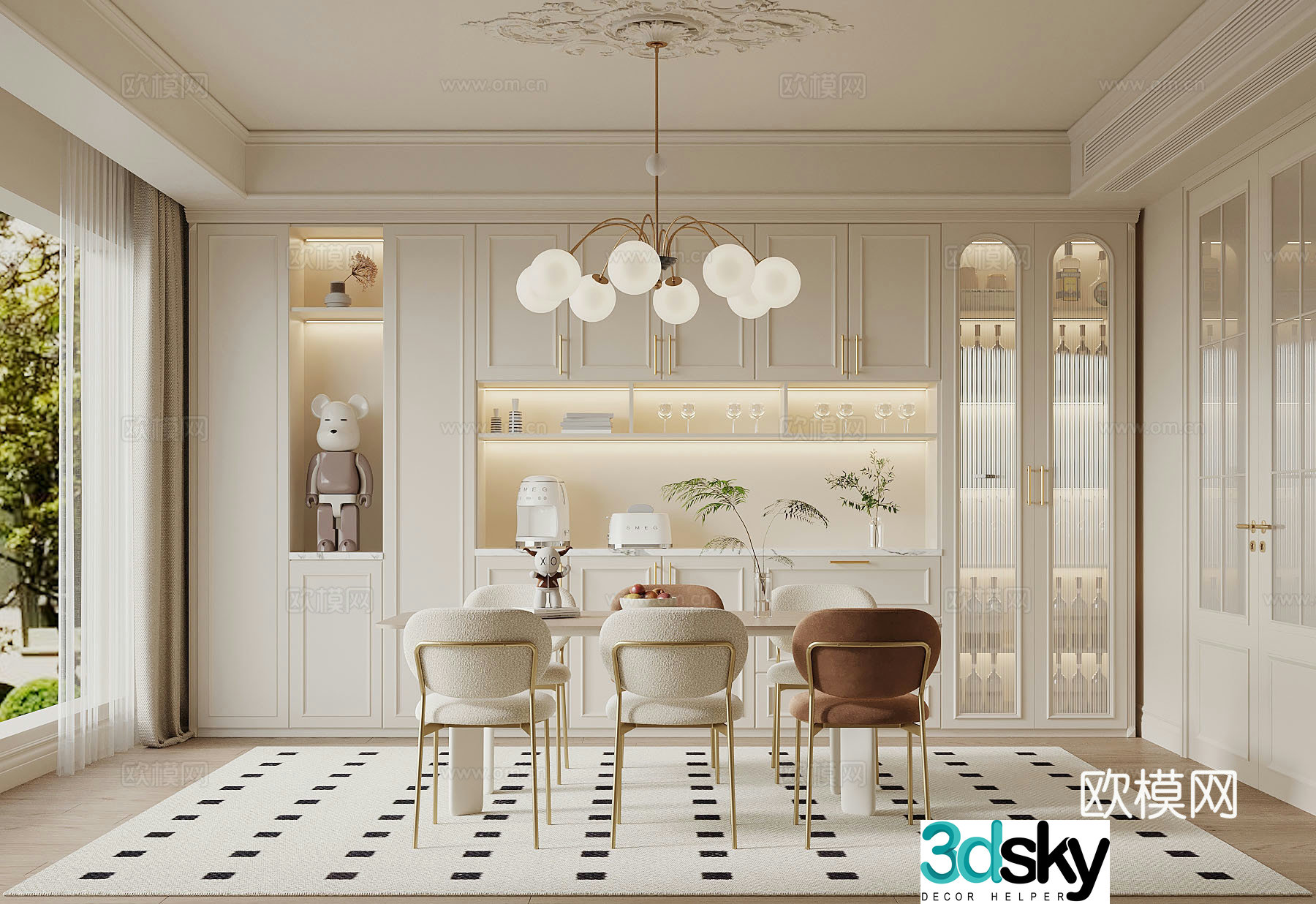 Restaurant French Cream Restaurant Wine Cabinet Side Cabinet Dining Table 3D Model