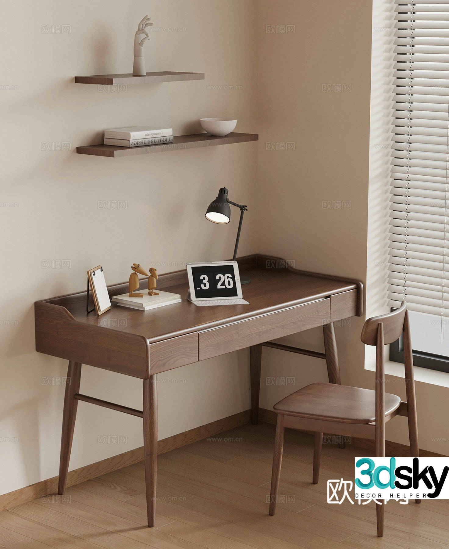 Study table Wasabi Middle Style desk and chair storage rack desk lamp 3D model