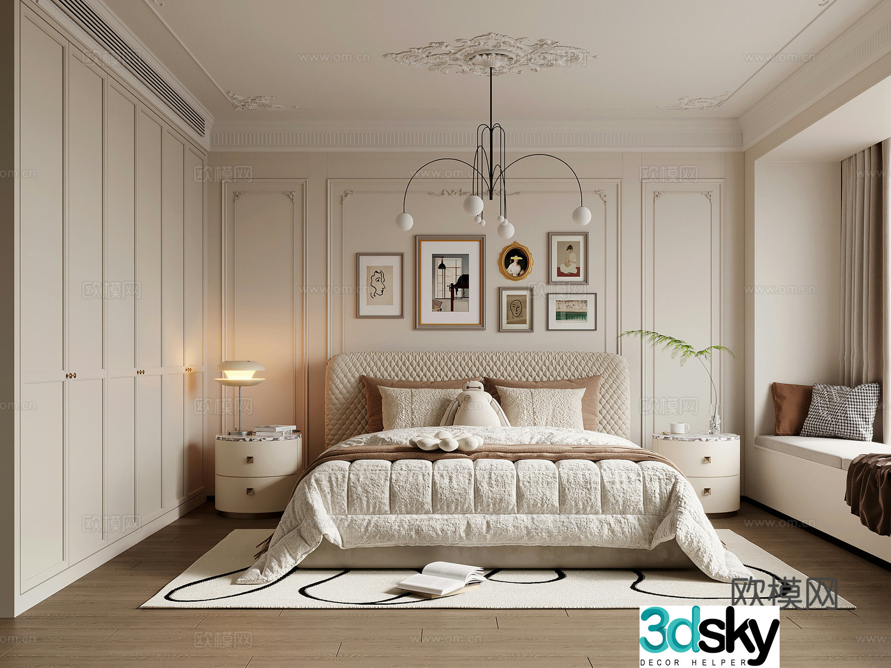 Home bedroom French retro style bedroom Double bed nightstand wardrobe 3d model