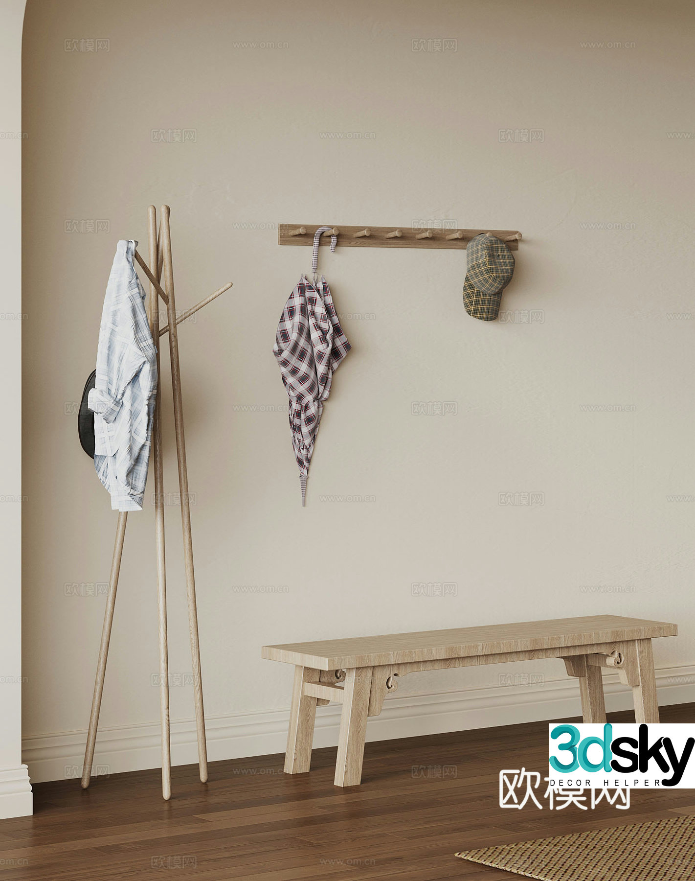 Clothes hanger New Chinese style clothes hanger Clothes hook Shoe changing stool 3D model