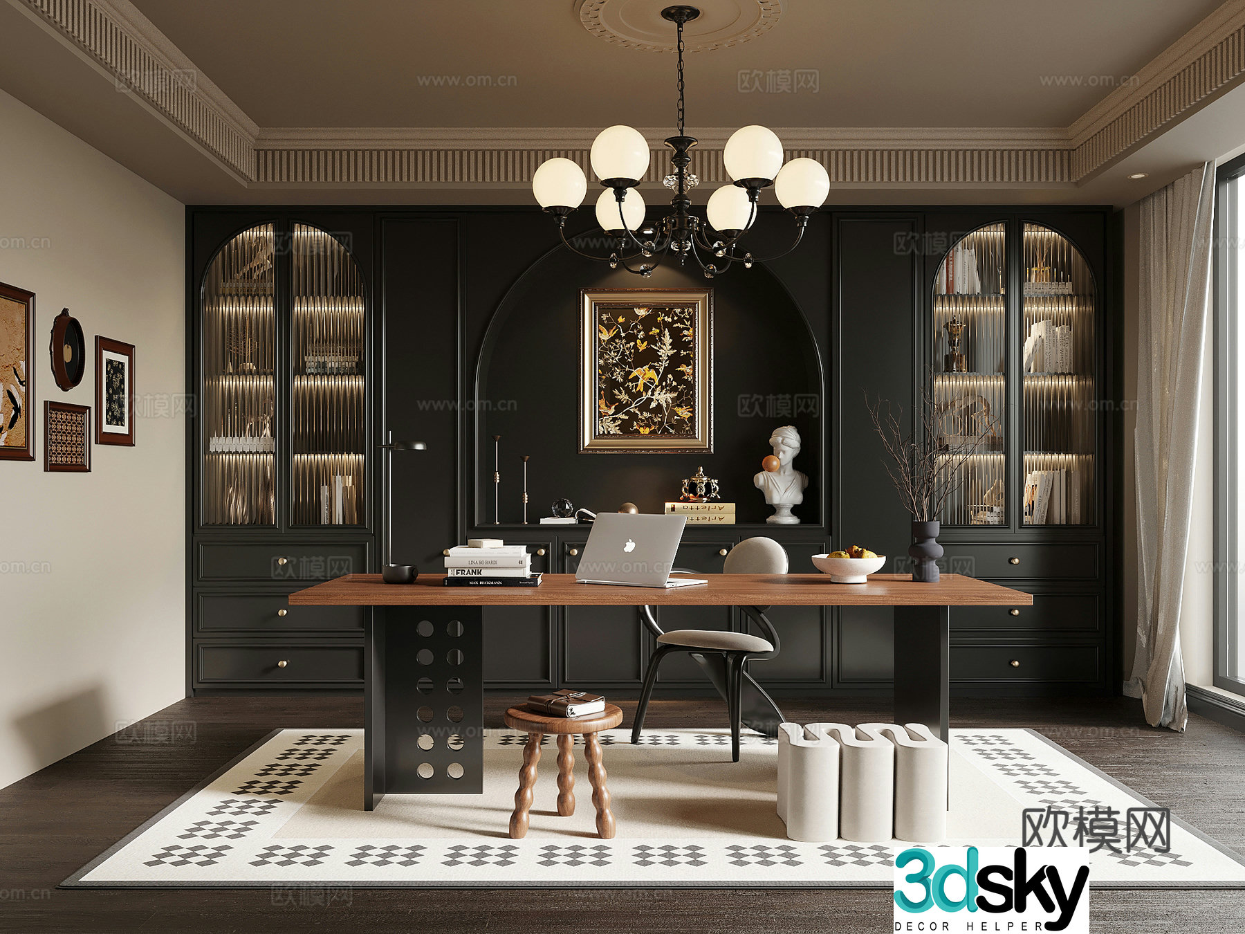 Study room French retro style study bookcase desk chair combination 3D model