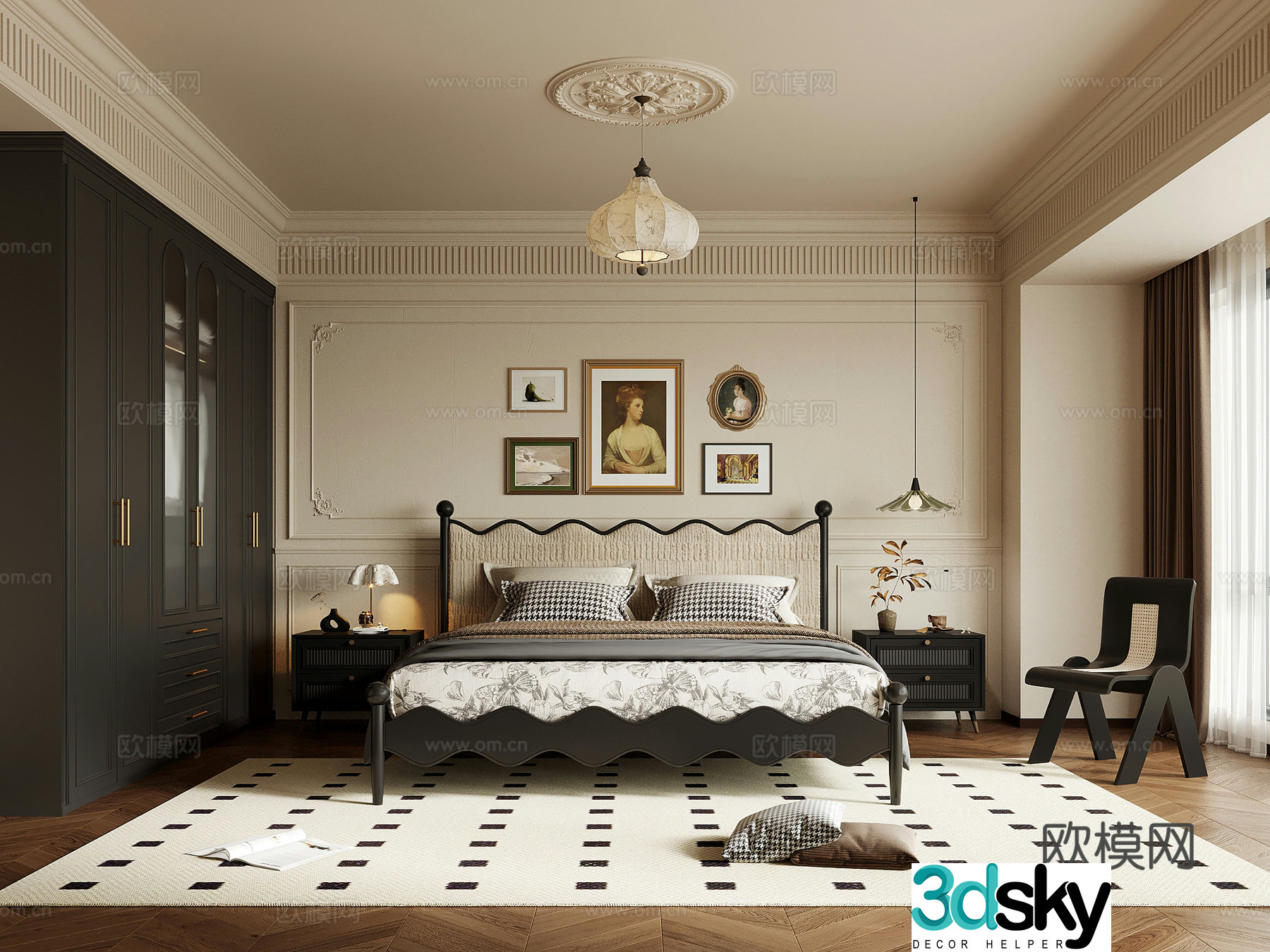 Home bedroom French retro style bedroom Double bed nightstand wardrobe 3d model