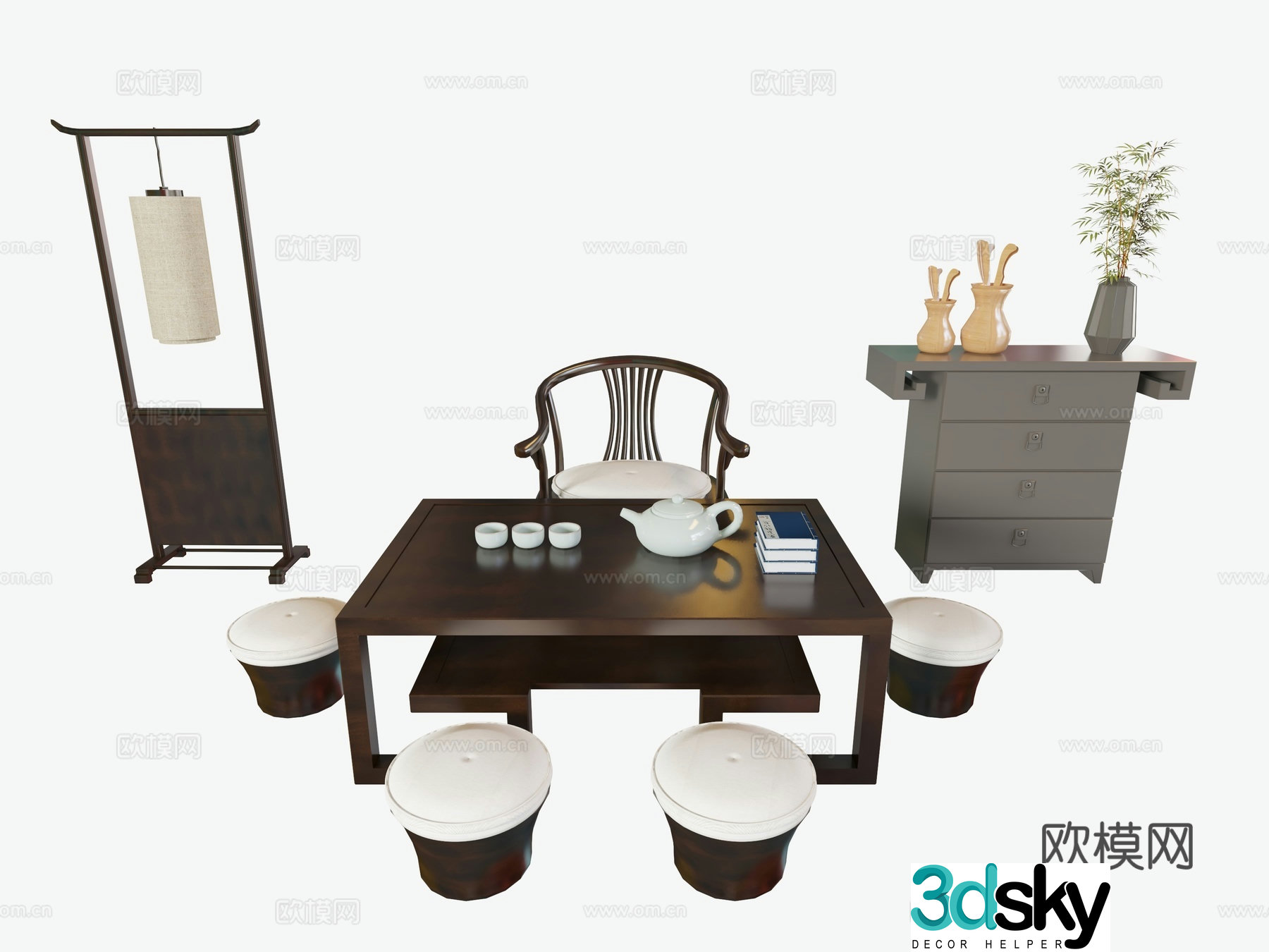 New Chinese style tea table tea table floor lamp 3d model