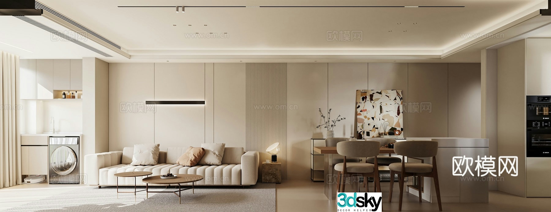 Modern living and dining room 3d model