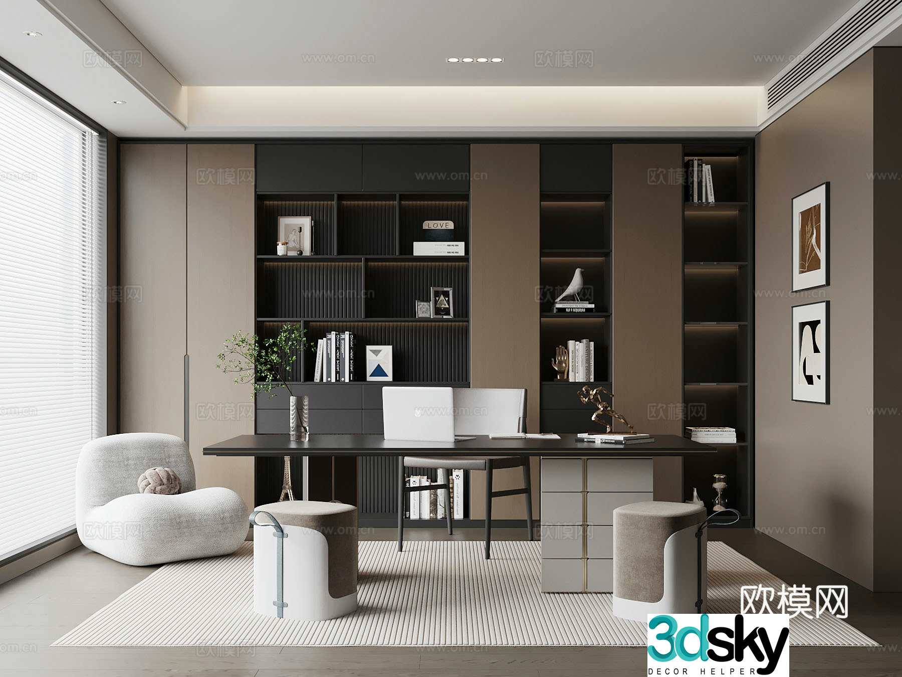 Italian minimalist bookcase desk chair leisure chair 3d model
