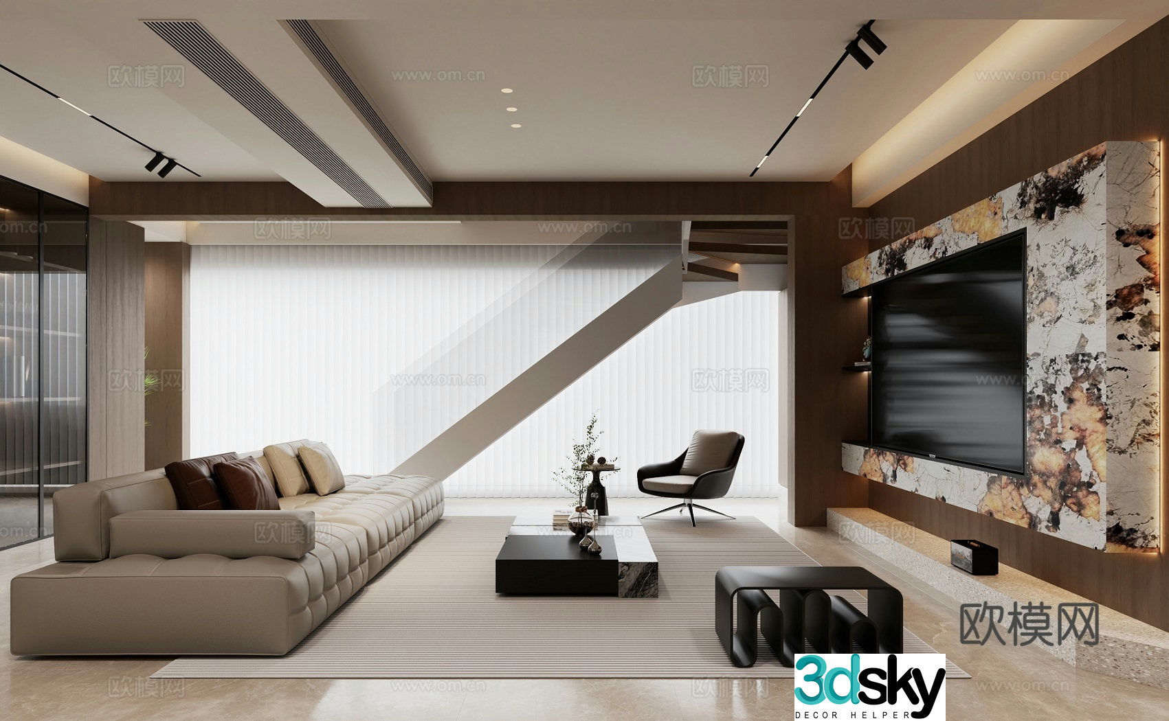 Modern living and dining room 3d model