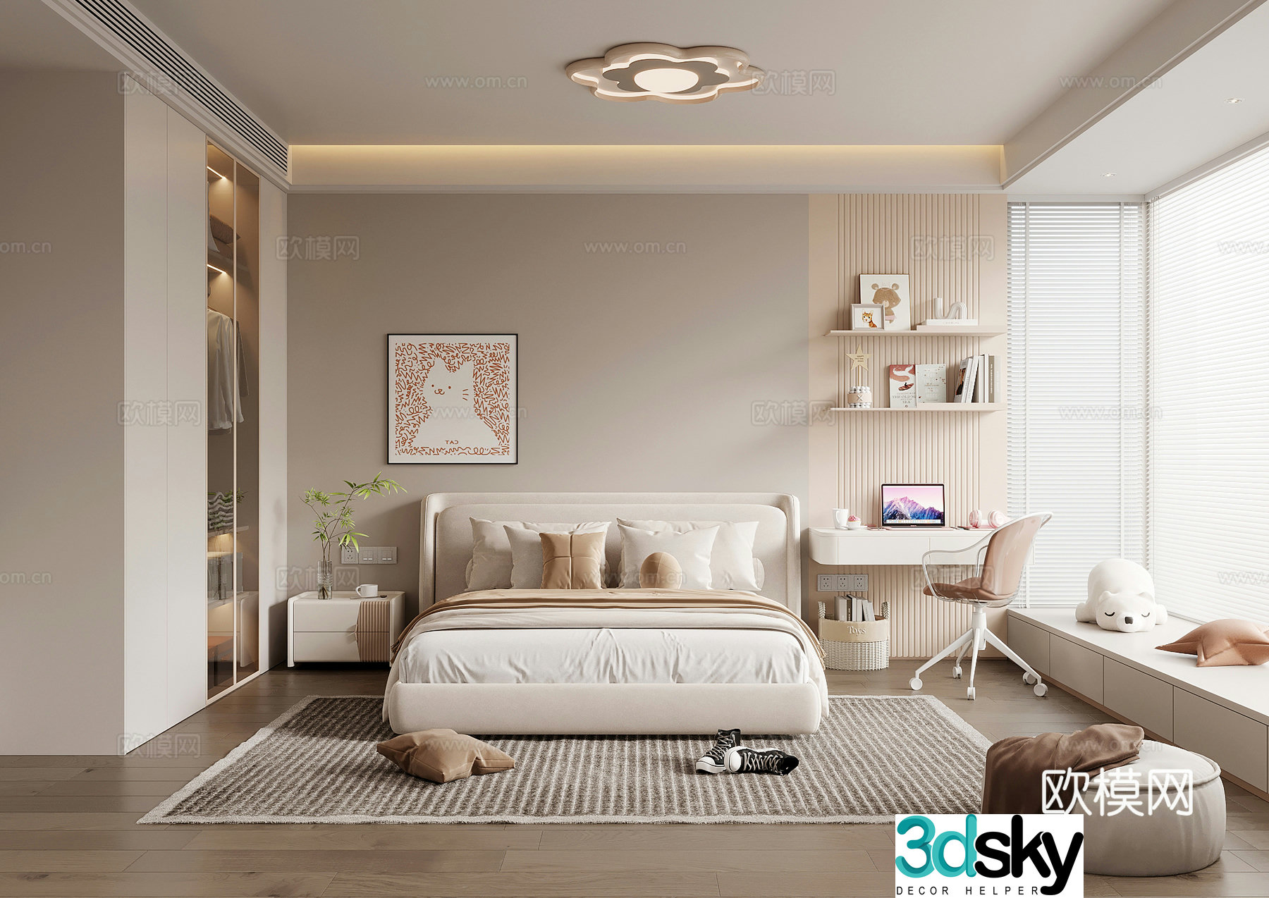 Modern bedroom Children’s room Double bed Bedside table Desk and chair Wardrobe 3d model