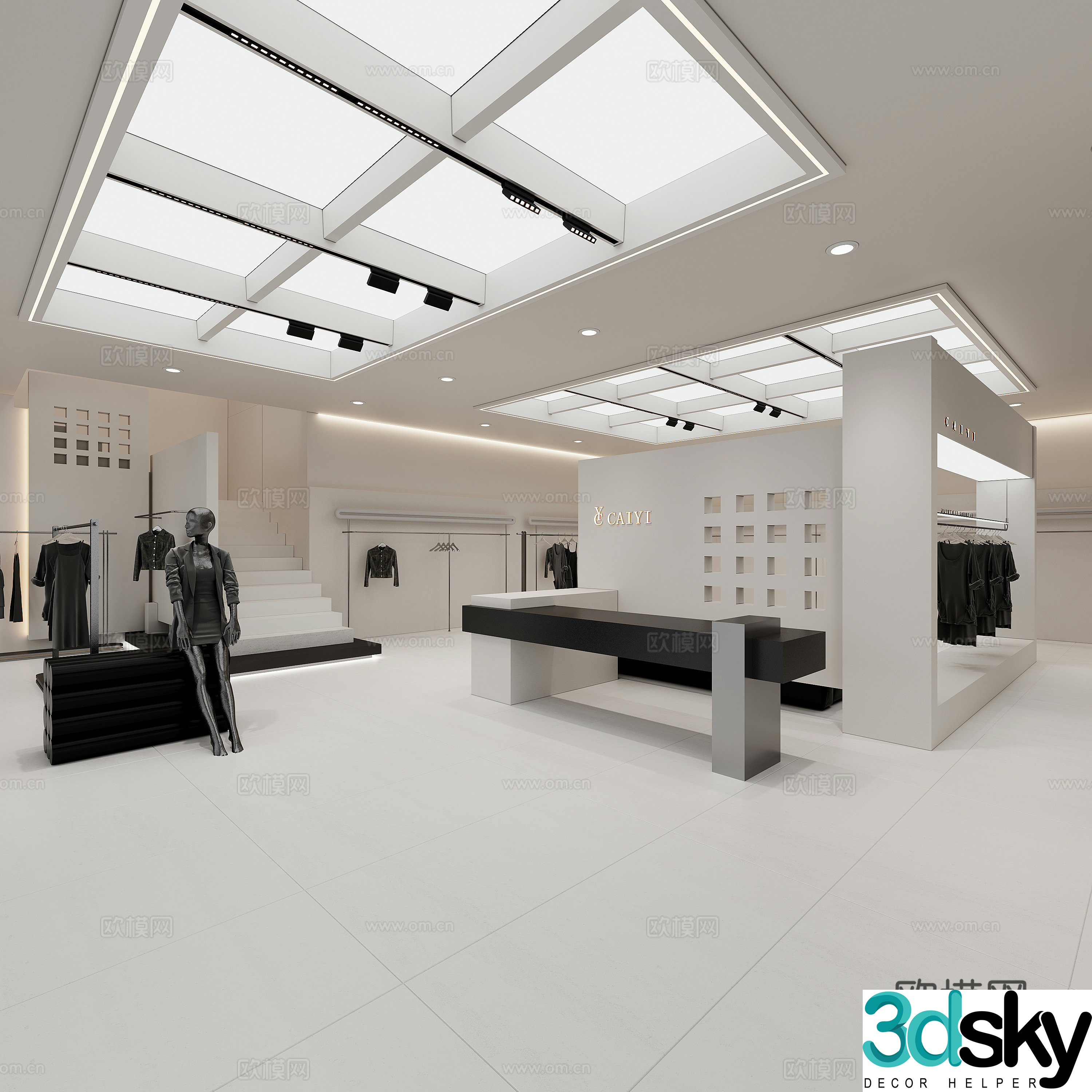 Modern minimalist women’s clothing store high-end black shop clothing shelves stairwell cashier background 3d model