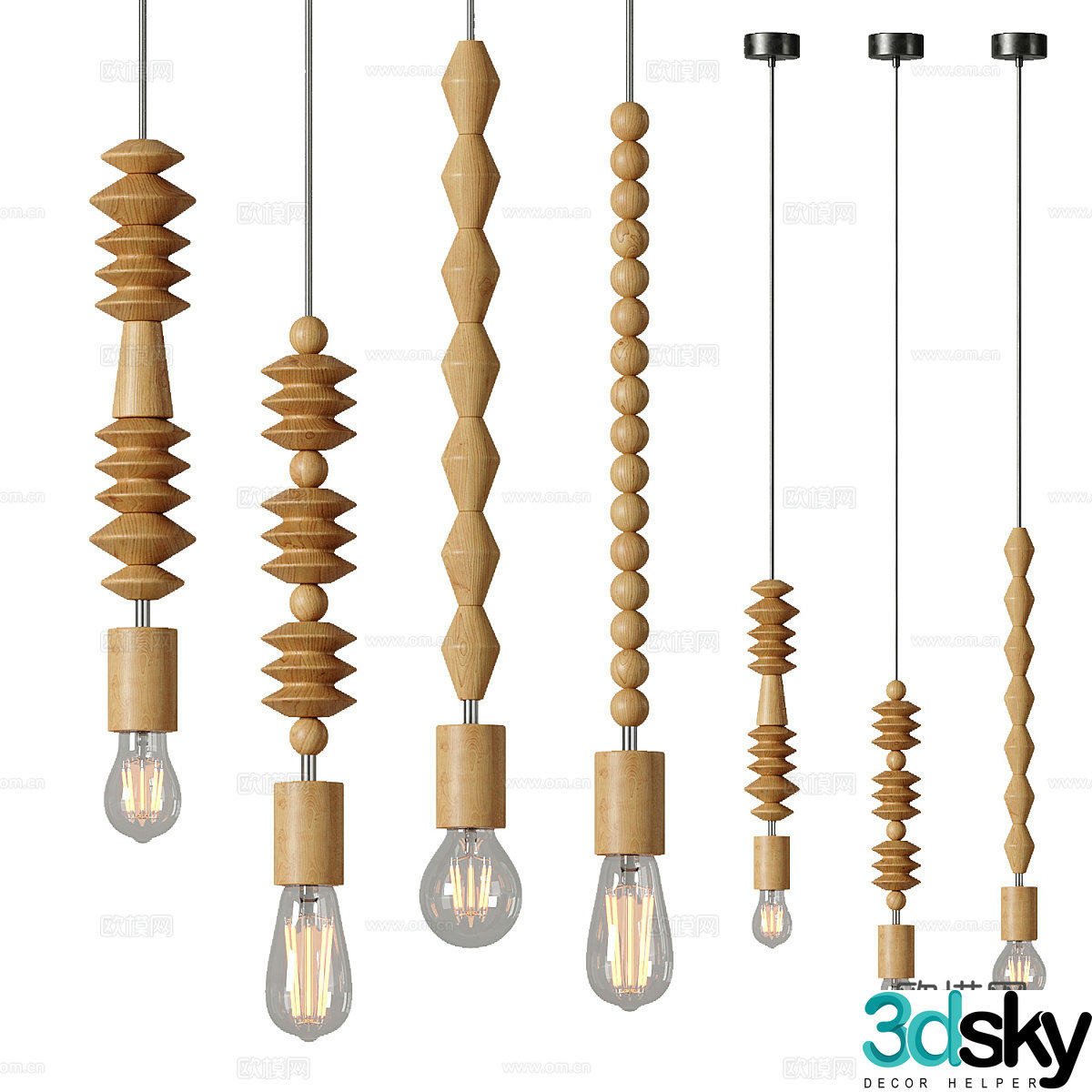 New Chinese-style solid wood bead chain hanging chandeliers 3D model