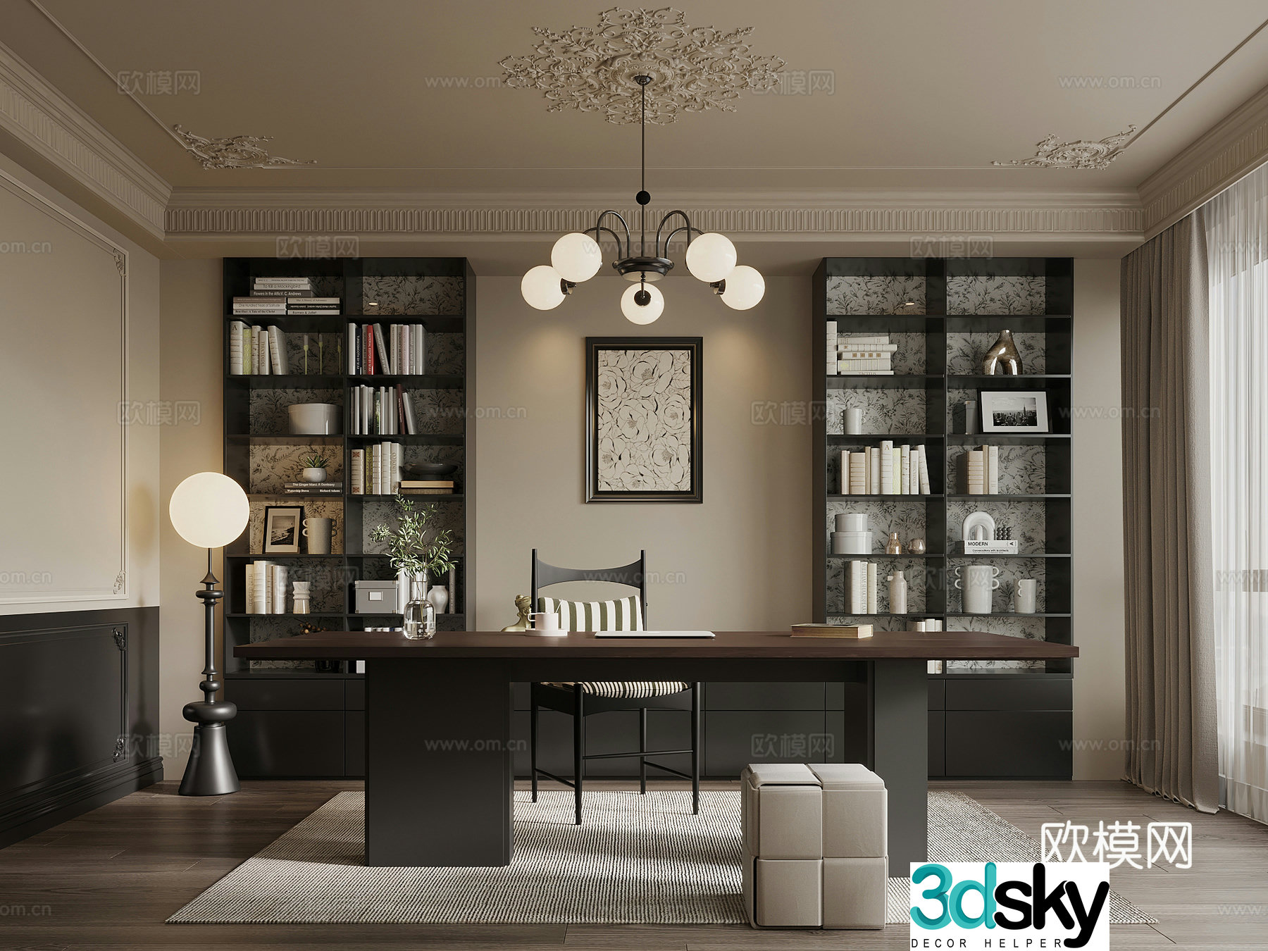 French retro style study bookcase desk chair office desk 3d model